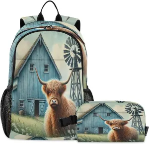 Highland Cattle Barn Windmill Kids Backpack for Girls Boys School Bookbag with Insulated Lunch Box for Elementary Primary Schooler Teen Girls Backpacks