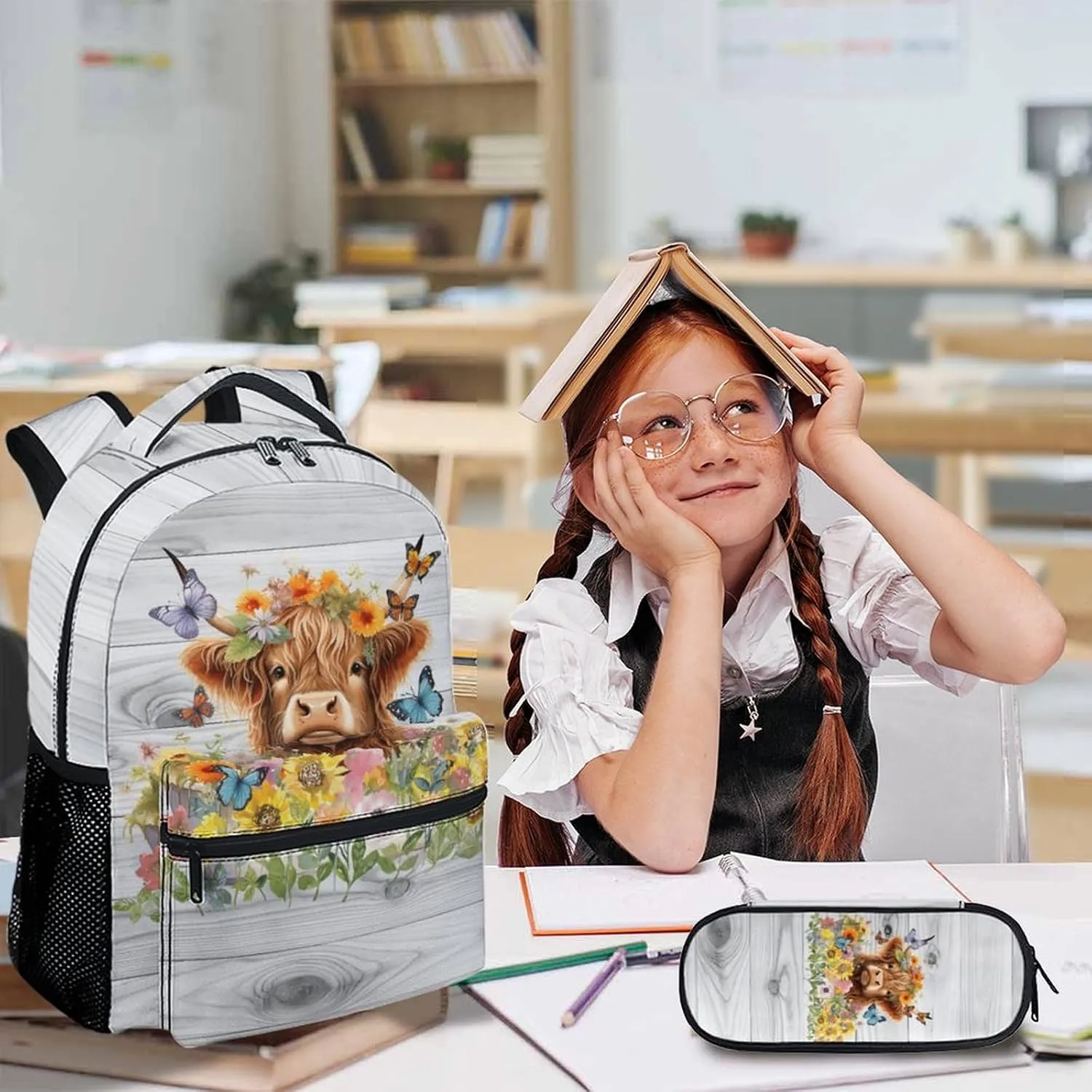 Highland Cow Backpack with Lunch Box Set for Women Girls, Set of 3 School Backpacks Matching Combo Gifts for Cow Lovers, Back to School Supplies Essentials