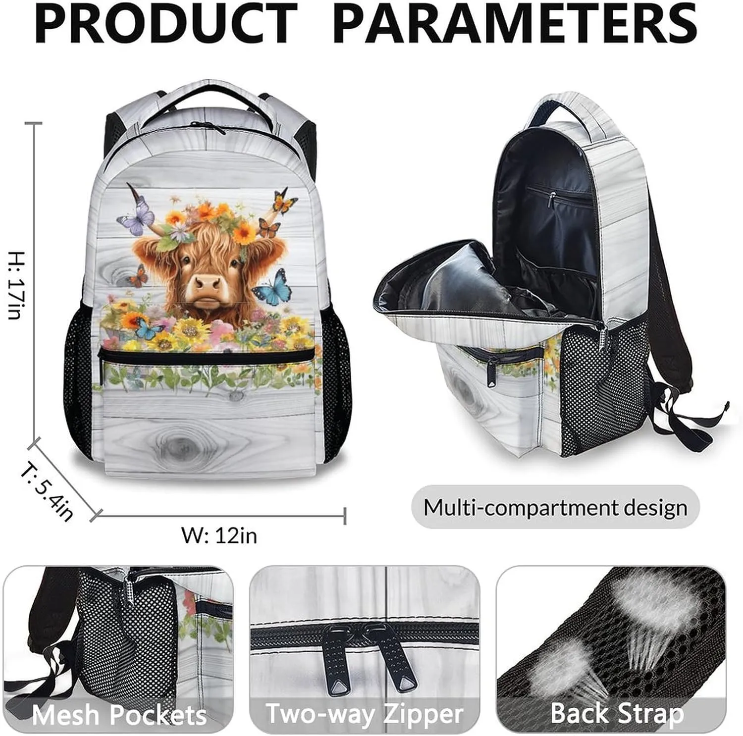 Highland Cow Backpack with Lunch Box Set for Women Girls, Set of 3 School Backpacks Matching Combo Gifts for Cow Lovers, Back to School Supplies Essentials