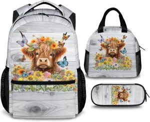 Highland Cow Backpack with Lunch Box Set for Women Girls, Set of 3 School Backpacks Matching Combo Gifts for Cow Lovers, Back to School Supplies Essentials