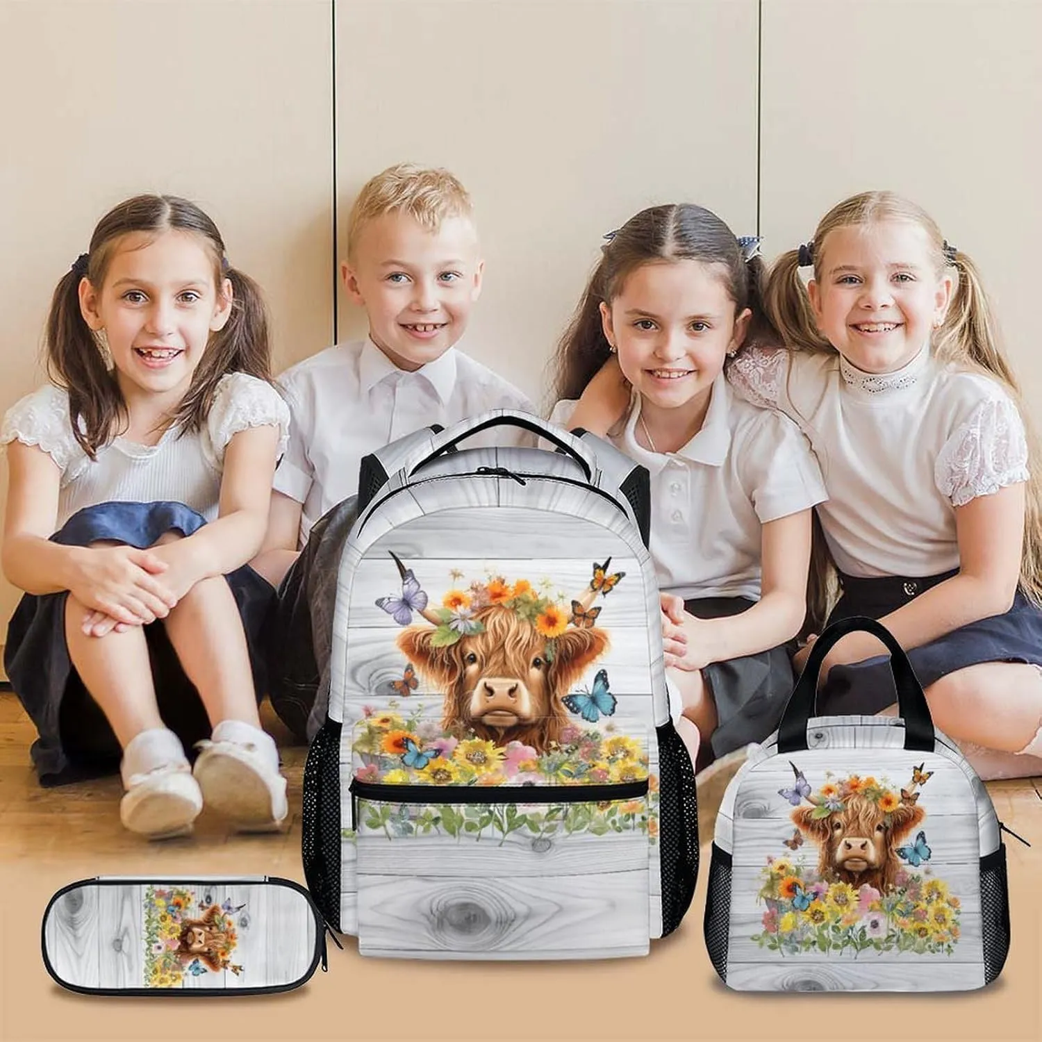 Highland Cow Backpack with Lunch Box Set for Women Girls, Set of 3 School Backpacks Matching Combo Gifts for Cow Lovers, Back to School Supplies Essentials
