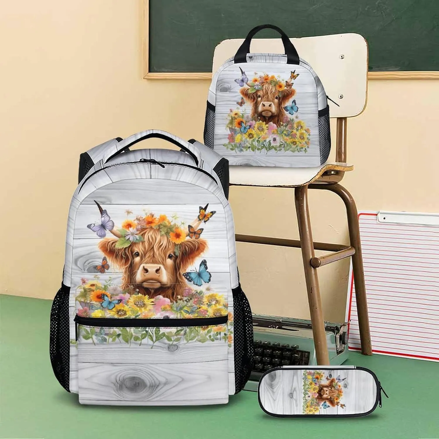 Highland Cow Backpack with Lunch Box Set for Women Girls, Set of 3 School Backpacks Matching Combo Gifts for Cow Lovers, Back to School Supplies Essentials