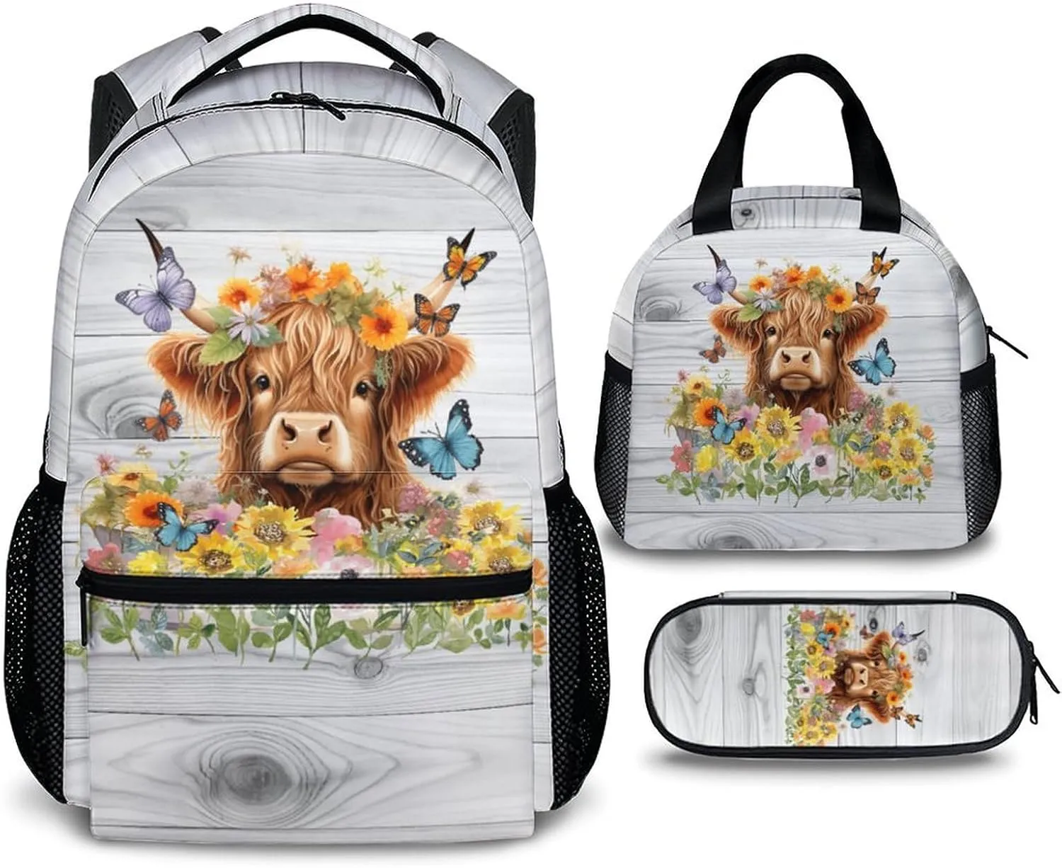 Highland Cow Backpack with Lunch Box Set for Women Girls, Set of 3 School Backpacks Matching Combo Gifts for Cow Lovers, Back to School Supplies Essentials