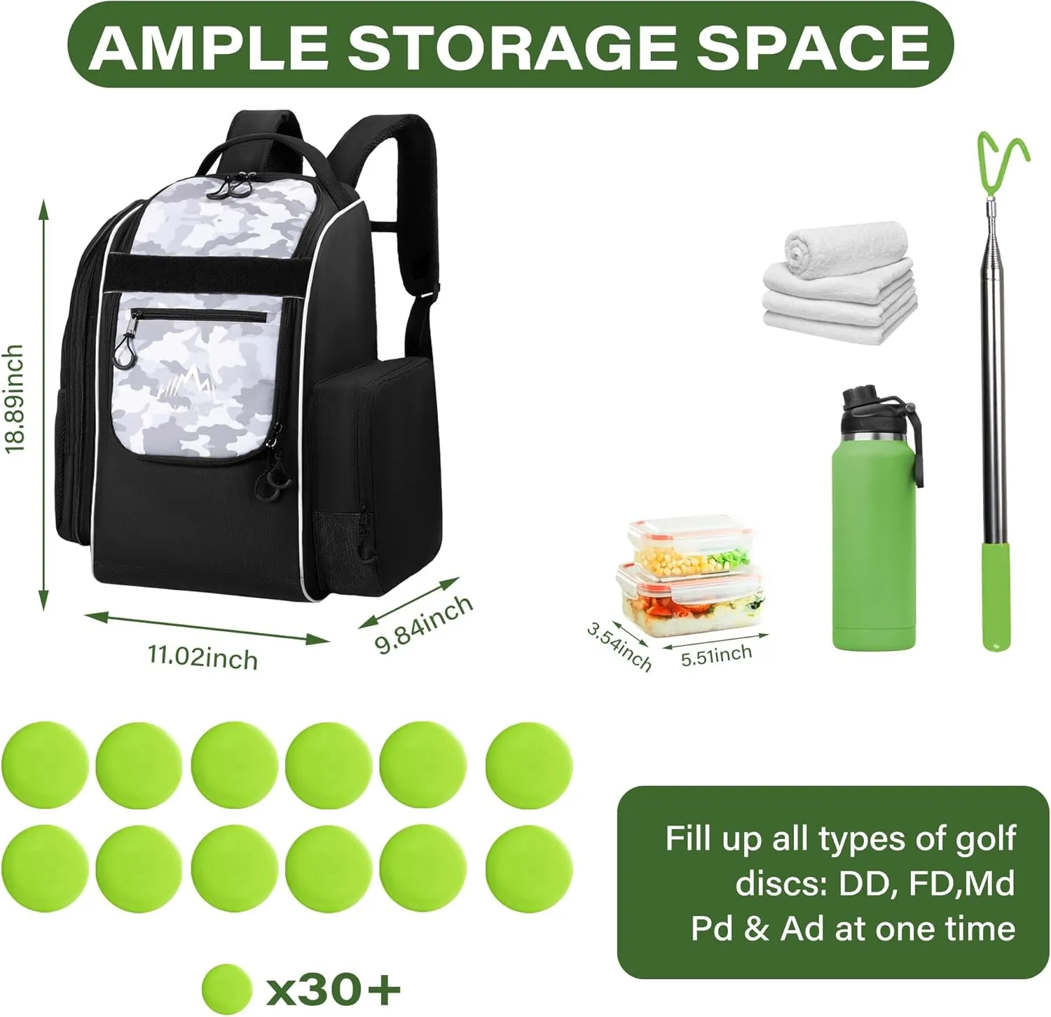 Himal Outdoors Disc Golf Backpack Holds 30  Discs Large Capacity, Durable Disc Golf Bag with Insulated Cooler Side Pocket and Waterproof Bottom