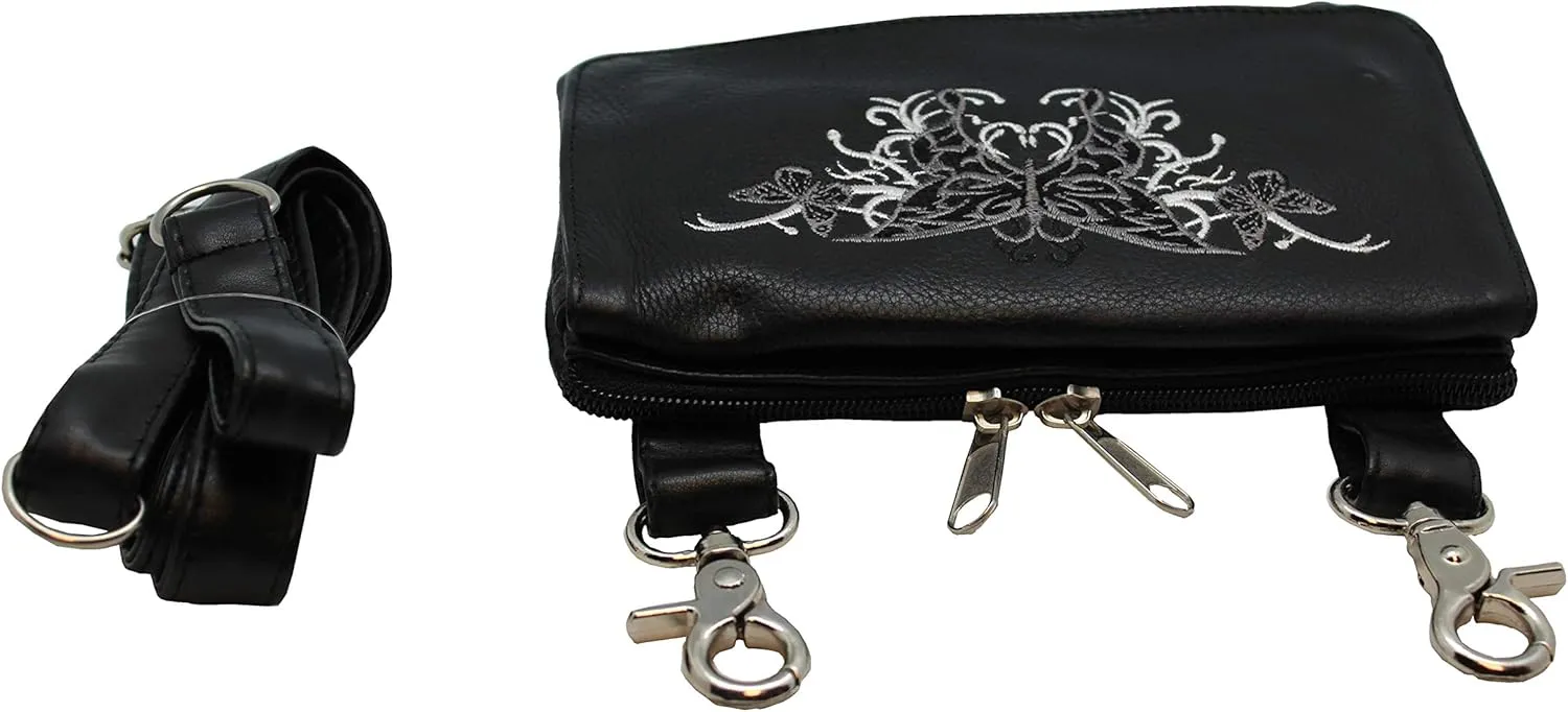 Hip Purse For Women Leather Leg Purse for Biker Black n Grey Butterfly Embroidary Fanny Pack Waist Pack Motorcycle Leg Bag Leather Belt Pouch Crossbody Belt