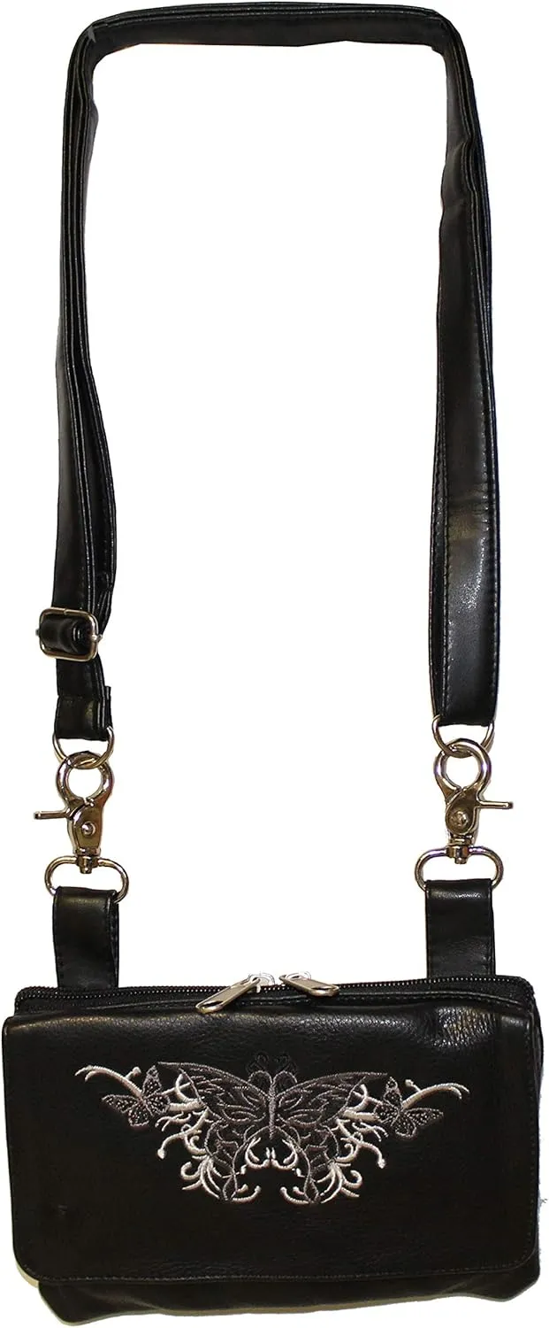Hip Purse For Women Leather Leg Purse for Biker Black n Grey Butterfly Embroidary Fanny Pack Waist Pack Motorcycle Leg Bag Leather Belt Pouch Crossbody Belt
