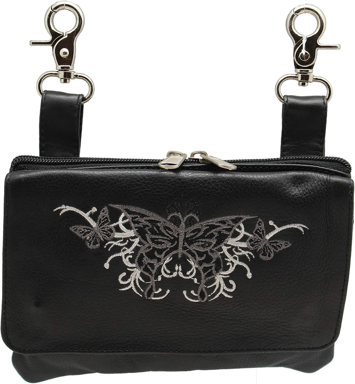 Hip Purse For Women Leather Leg Purse for Biker Black n Grey Butterfly Embroidary Fanny Pack Waist Pack Motorcycle Leg Bag Leather Belt Pouch Crossbody Belt