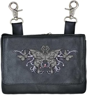 Hip Purse For Women Leather Leg Purse for Biker Black n Grey Butterfly Embroidary Fanny Pack Waist Pack Motorcycle Leg Bag Leather Belt Pouch Crossbody Belt