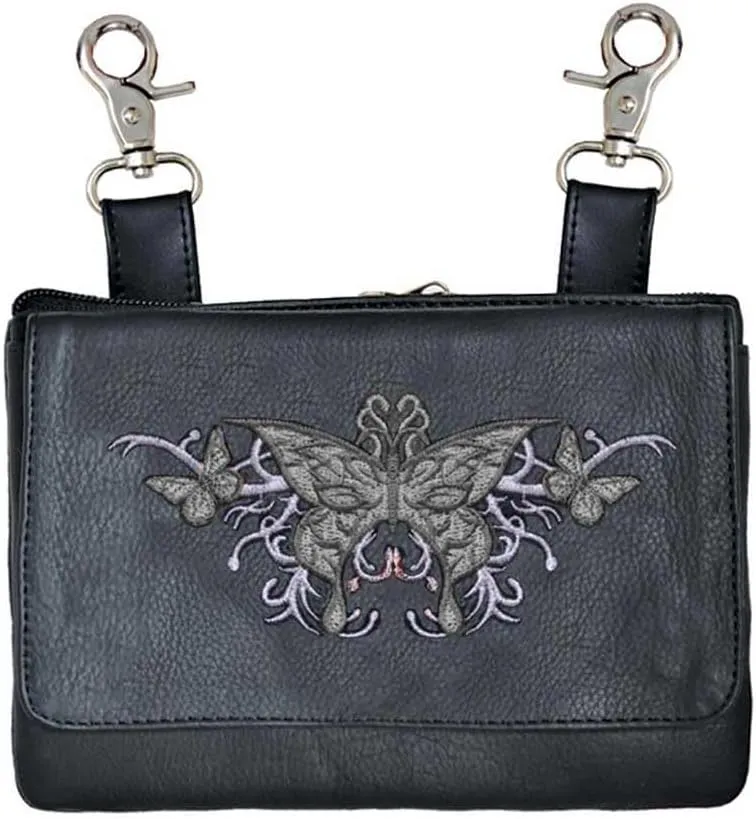Hip Purse For Women Leather Leg Purse for Biker Black n Grey Butterfly Embroidary Fanny Pack Waist Pack Motorcycle Leg Bag Leather Belt Pouch Crossbody Belt