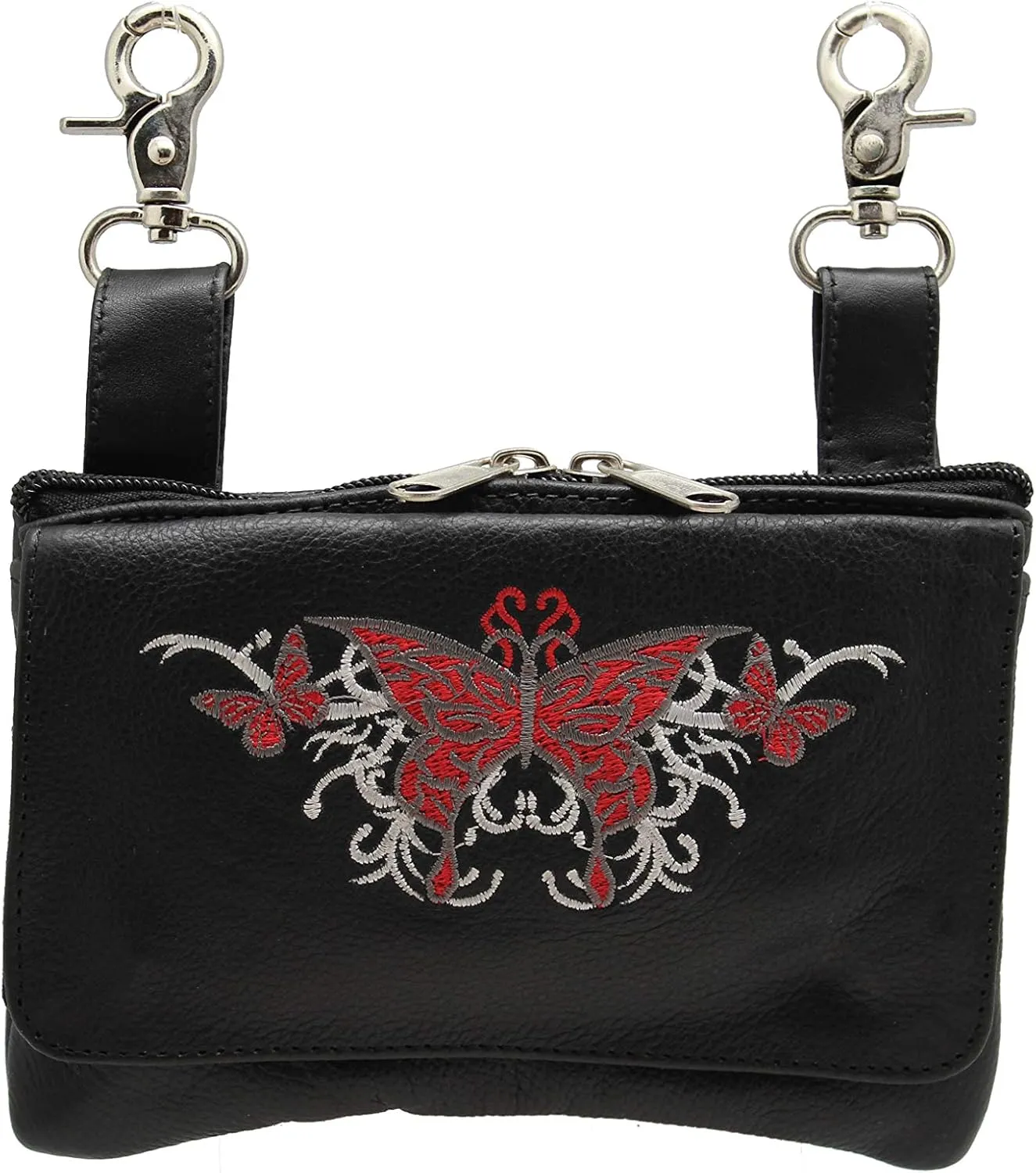 Hip Purse For Women Leather Leg Purse for Biker Red Butterfly Embroidary Fanny Pack Waist Pack Motorcycle Leg Bag Leather Belt Pouch Crossbody Belt