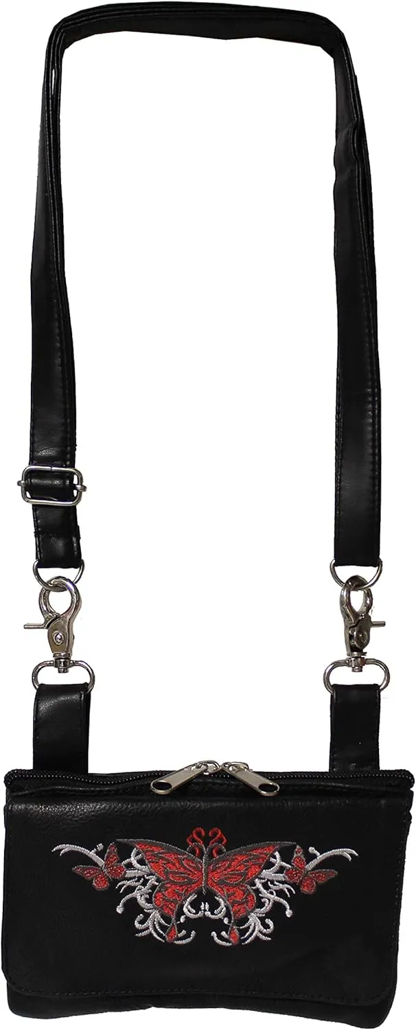 Hip Purse For Women Leather Leg Purse for Biker Red Butterfly Embroidary Fanny Pack Waist Pack Motorcycle Leg Bag Leather Belt Pouch Crossbody Belt