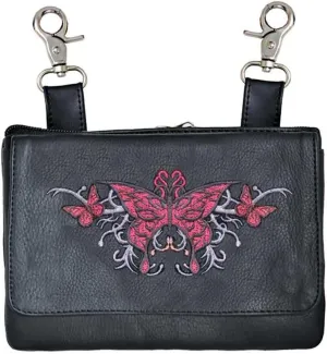 Hip Purse For Women Leather Leg Purse for Biker Red Butterfly Embroidary Fanny Pack Waist Pack Motorcycle Leg Bag Leather Belt Pouch Crossbody Belt