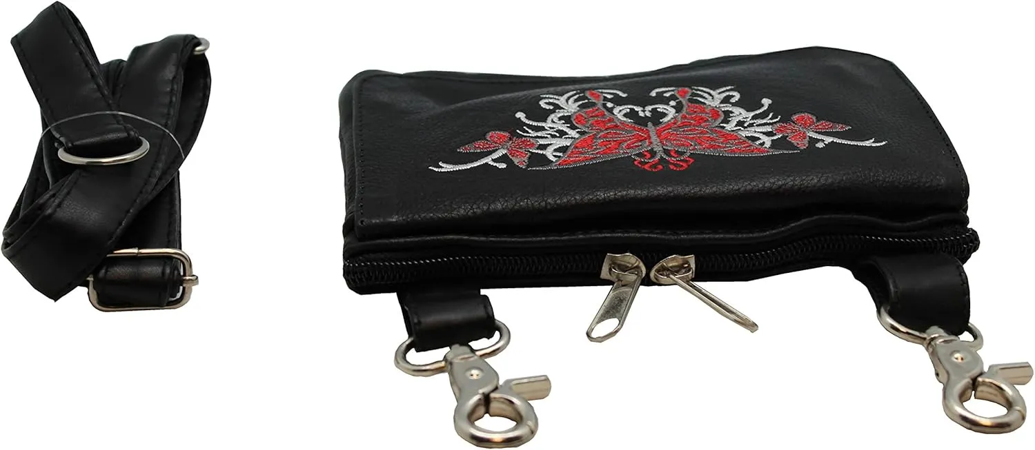 Hip Purse For Women Leather Leg Purse for Biker Red Butterfly Embroidary Fanny Pack Waist Pack Motorcycle Leg Bag Leather Belt Pouch Crossbody Belt