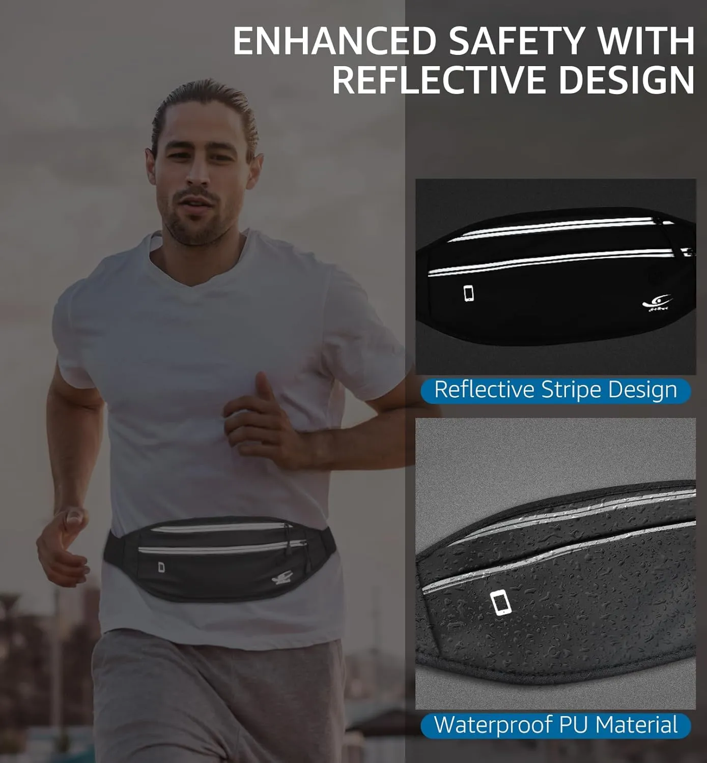 HiRui Slim Fanny Pack for Men Women, Adjustable Exercise Waist Pack Reflective Running Belt for Sports Workout Cycling Hiking, Casual Hands-Free Wallets Phone Bag Fits All Phones (Dark Gray)