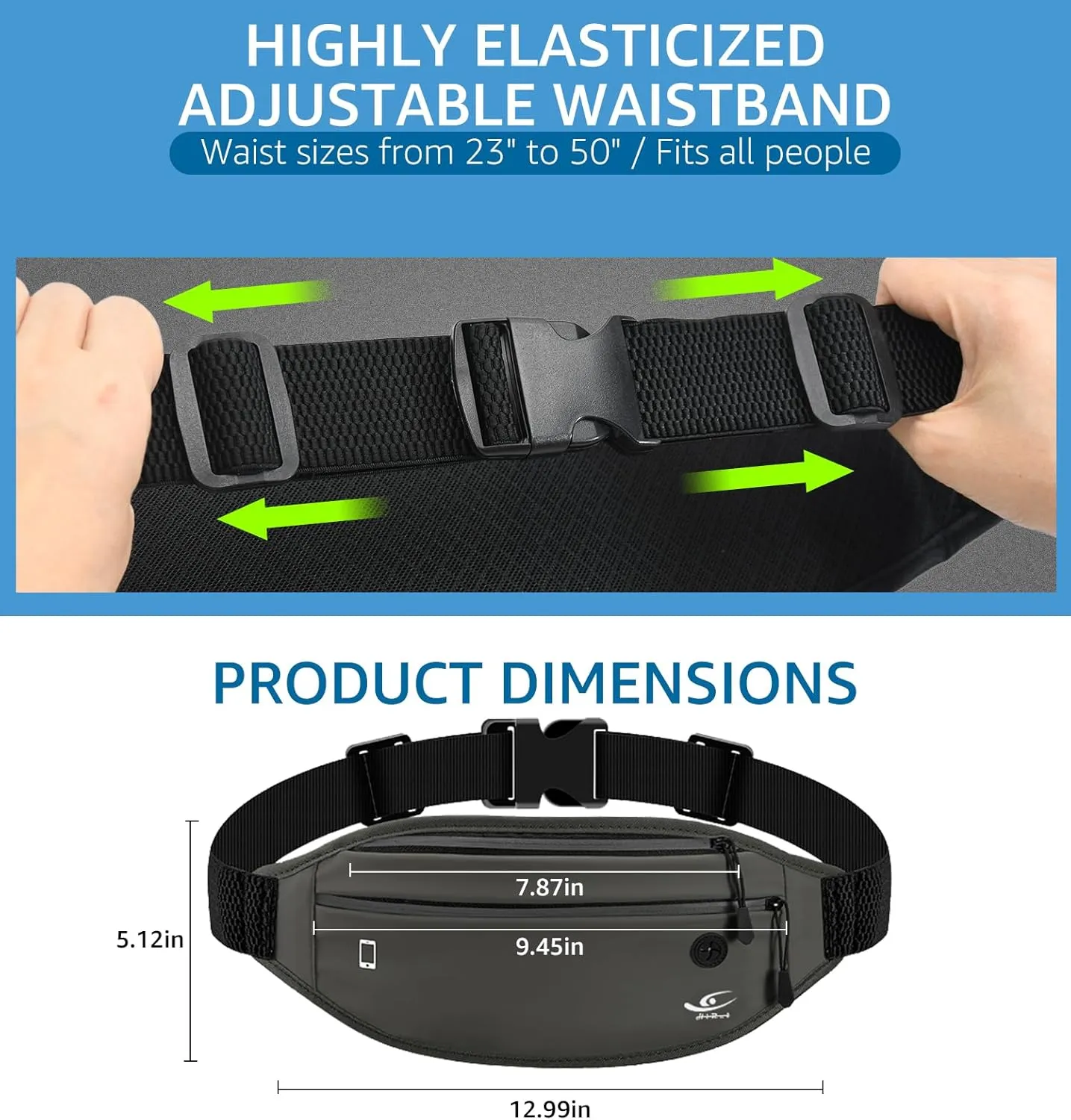 HiRui Slim Fanny Pack for Men Women, Adjustable Exercise Waist Pack Reflective Running Belt for Sports Workout Cycling Hiking, Casual Hands-Free Wallets Phone Bag Fits All Phones (Dark Gray)