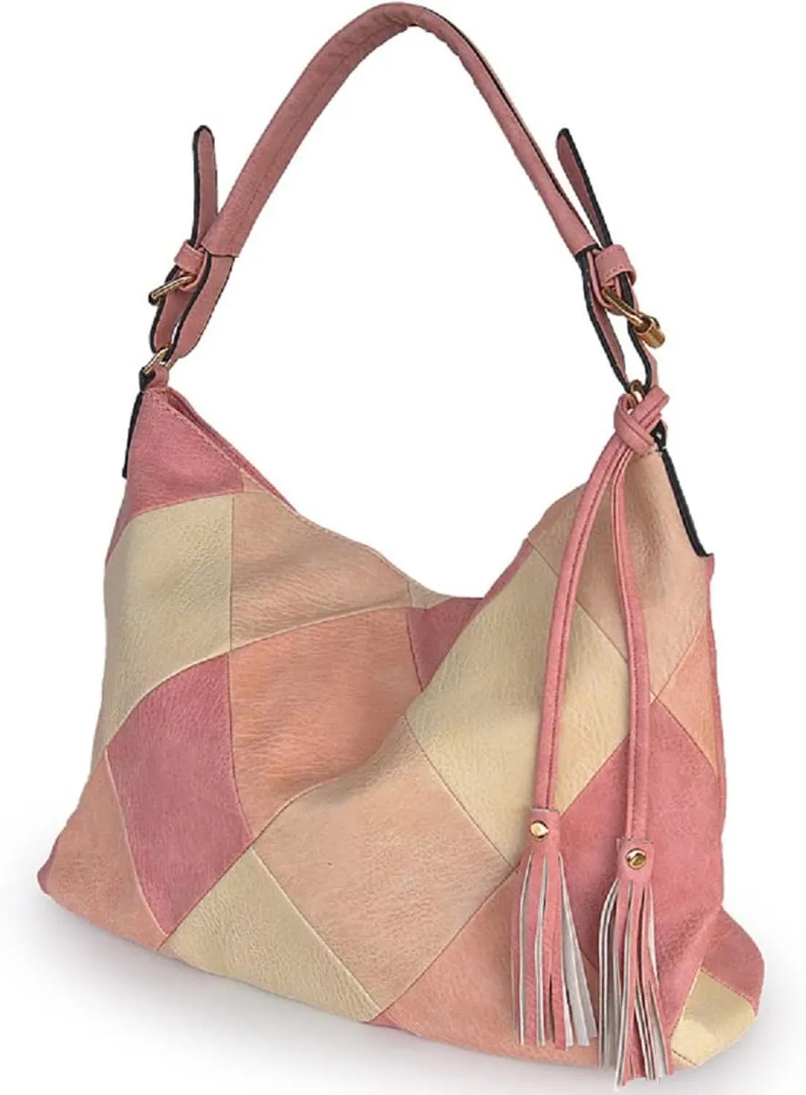 Hobo Bags for Women Patchwork Color Faux Leather Large Purses and Handbags Hobo Purse with Tassel