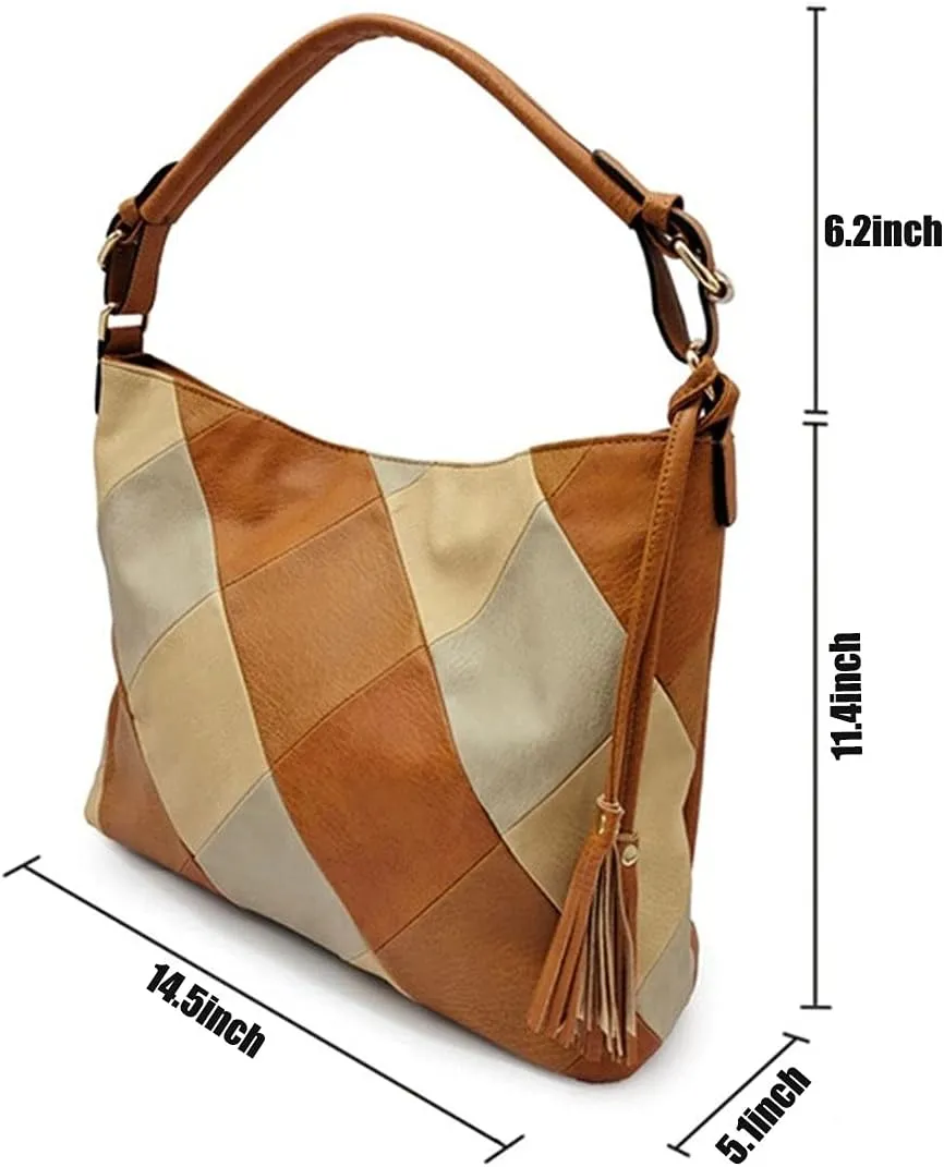 Hobo Bags for Women Patchwork Color Faux Leather Large Purses and Handbags Hobo Purse with Tassel