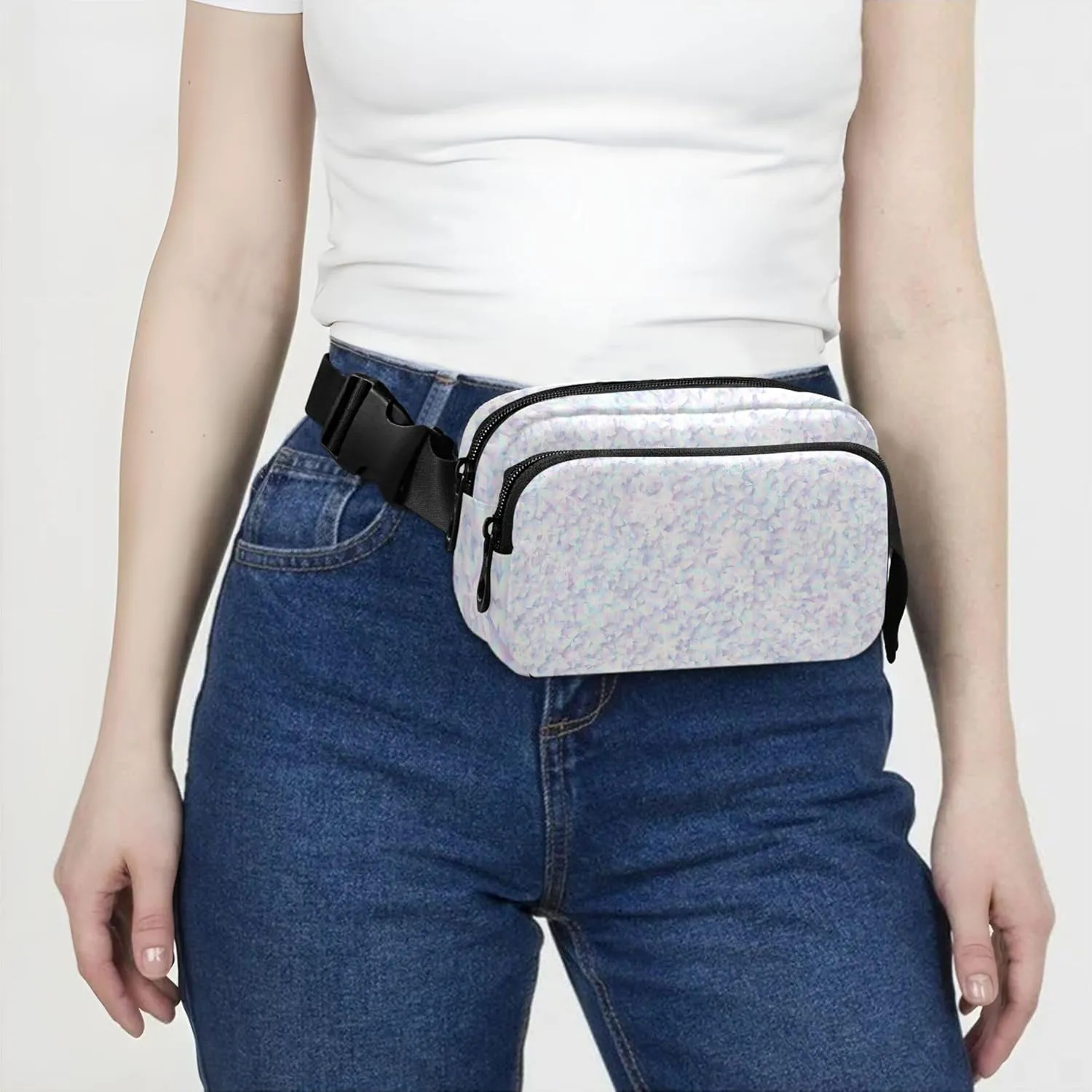 Holographic Foil Particles Texture Waterproof Womens Fanny Pack Hip Pouch Belt Bag Colorful Waist Purse for Women