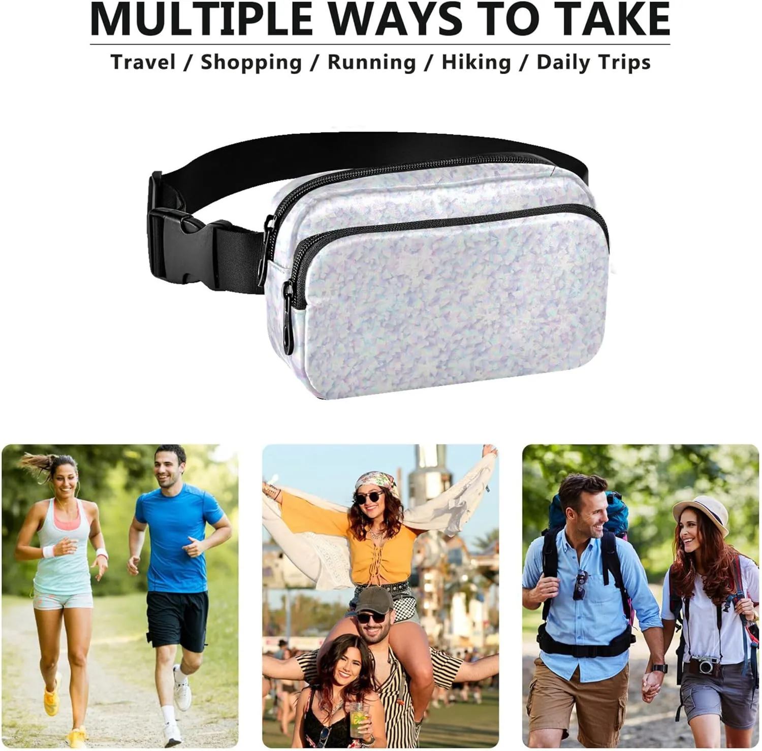 Holographic Foil Particles Texture Waterproof Womens Fanny Pack Hip Pouch Belt Bag Colorful Waist Purse for Women