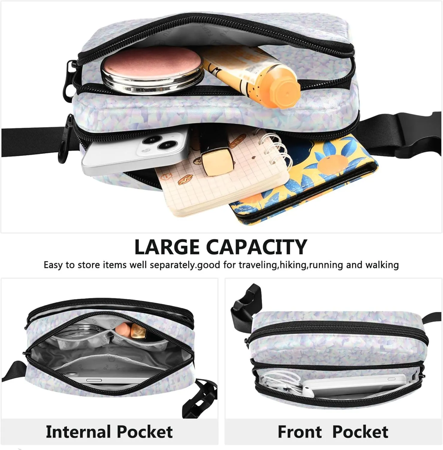 Holographic Foil Particles Texture Waterproof Womens Fanny Pack Hip Pouch Belt Bag Colorful Waist Purse for Women