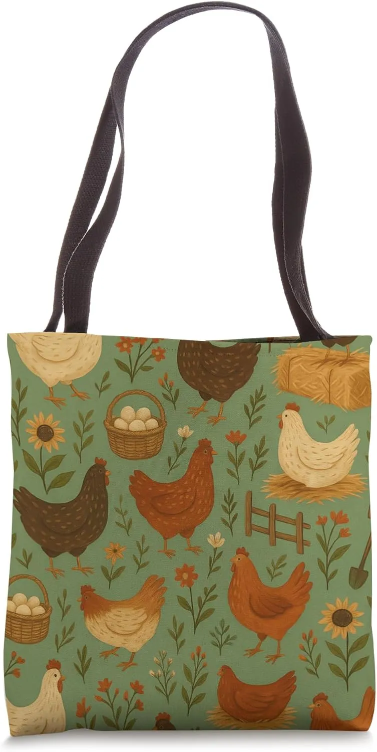 Homestead Farm Chickens and Eggs with Coop, Flowers, Baskets Tote Bag