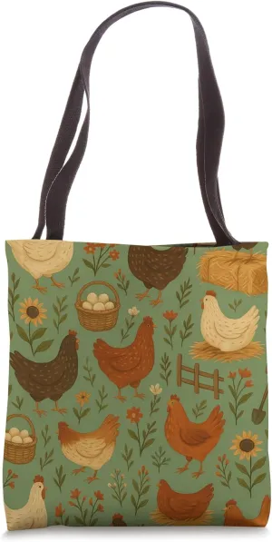 Homestead Farm Chickens and Eggs with Coop, Flowers, Baskets Tote Bag