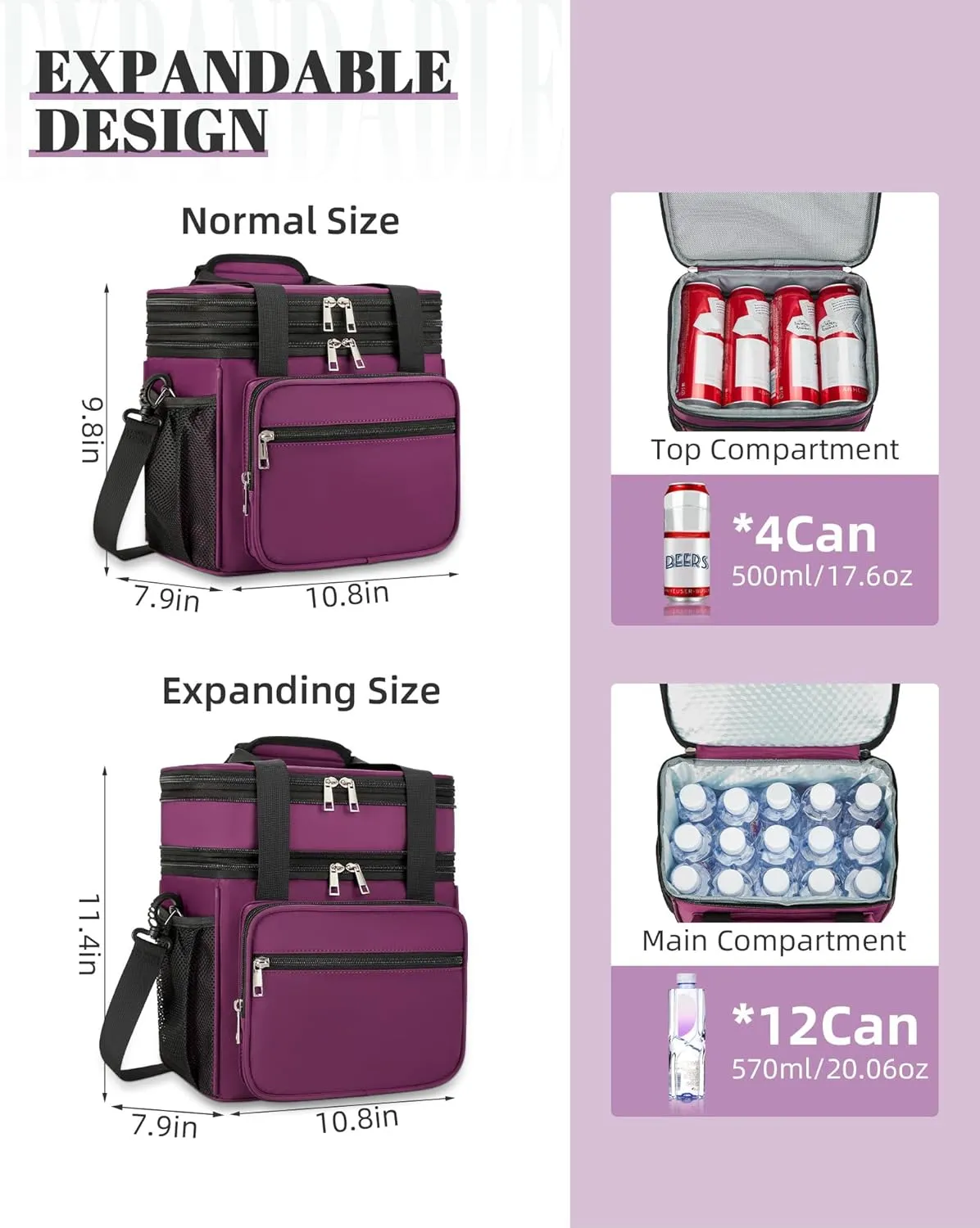 HSHRISH Expandable Lunch Box for Women, Double Deck Large Insulated Lunch Bag Women Leakproof Durable Lunch Cooler Tote Bag, Lightweight Cute Lunchbox for Work Outdoor Travel, Purple