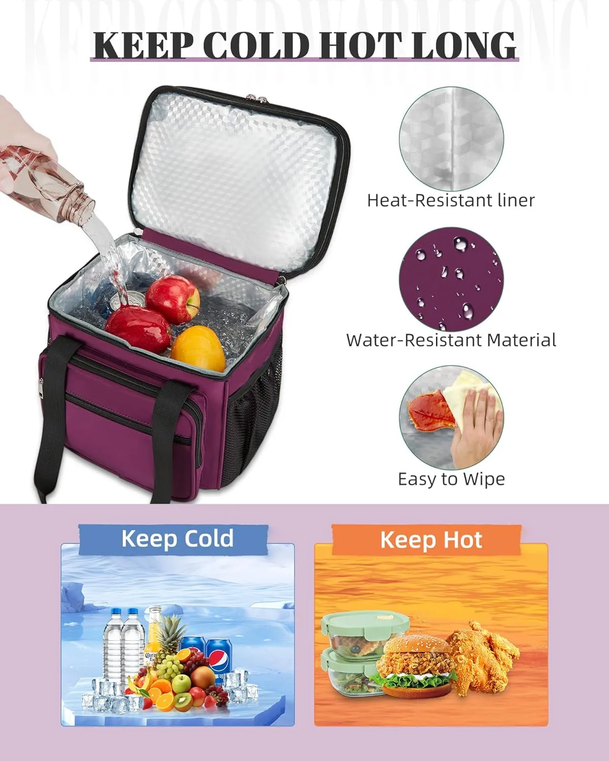 HSHRISH Expandable Lunch Box for Women, Double Deck Large Insulated Lunch Bag Women Leakproof Durable Lunch Cooler Tote Bag, Lightweight Cute Lunchbox for Work Outdoor Travel, Purple