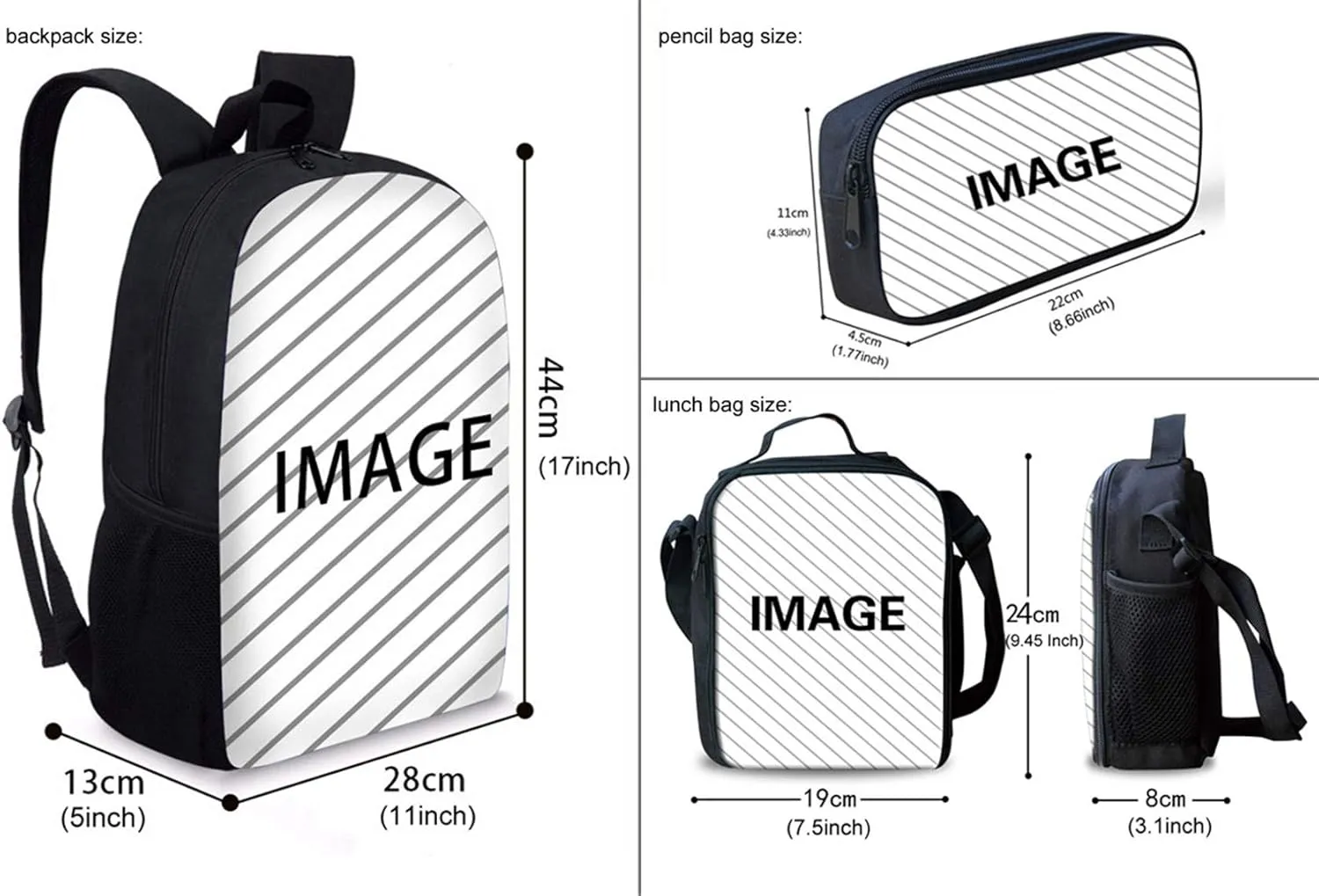 HUGS IDEA 3 Pcs School Bag Set with Thermal Insulated Lunch Tote Purse Pencil Case