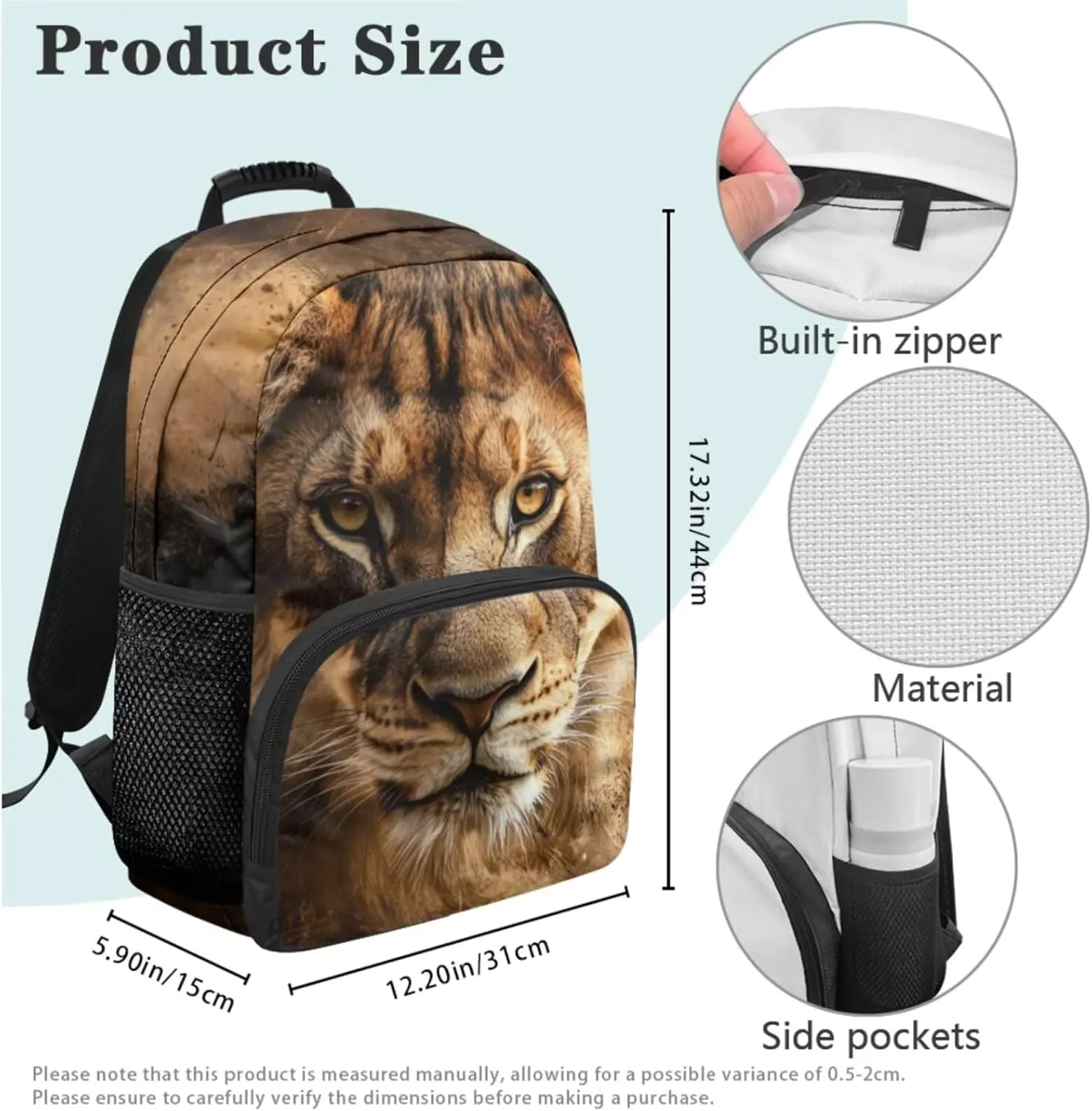 HUGS IDEA 3D Lion Backpack for Boys Age 8-12 Cool Backpacks and Luncbox for Kids School Bags for Boys Lightweight Book Bags for Kids Travel 17 Inch Schoolbag for Elementary School