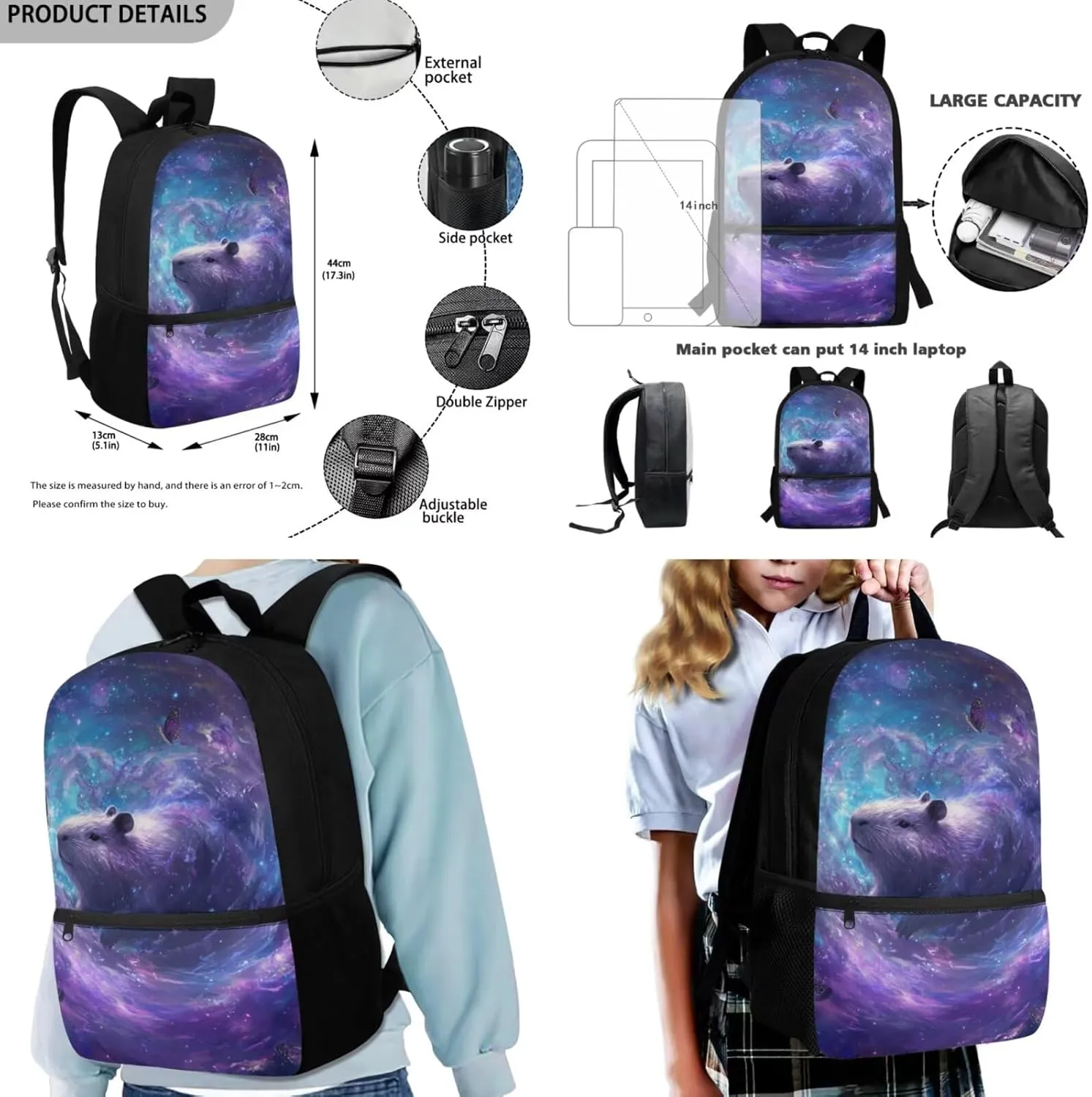 HUGS IDEA Galaxy Capybara Backpack for Children 4-in-1 School Bag Set with Lunch Box & Keychain Large Capacity Bookbag for Elementary Middle School 17 Inch Children Backpacks for Girls