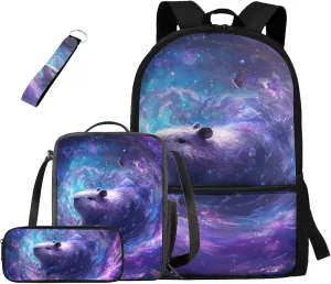 HUGS IDEA Galaxy Capybara Backpack for Children 4-in-1 School Bag Set with Lunch Box & Keychain Large Capacity Bookbag for Elementary Middle School 17 Inch Children Backpacks for Girls