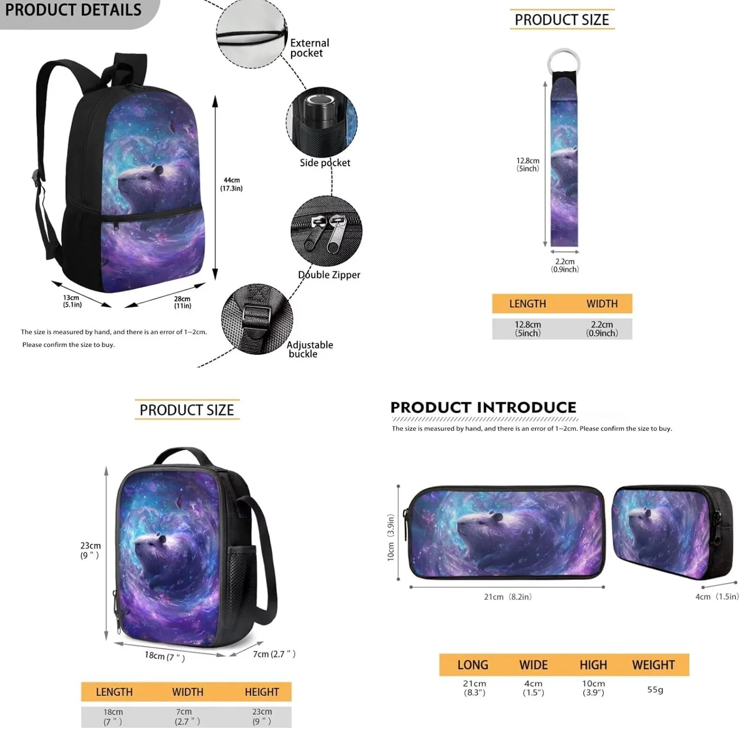 HUGS IDEA Galaxy Capybara Backpack for Children 4-in-1 School Bag Set with Lunch Box & Keychain Large Capacity Bookbag for Elementary Middle School 17 Inch Children Backpacks for Girls