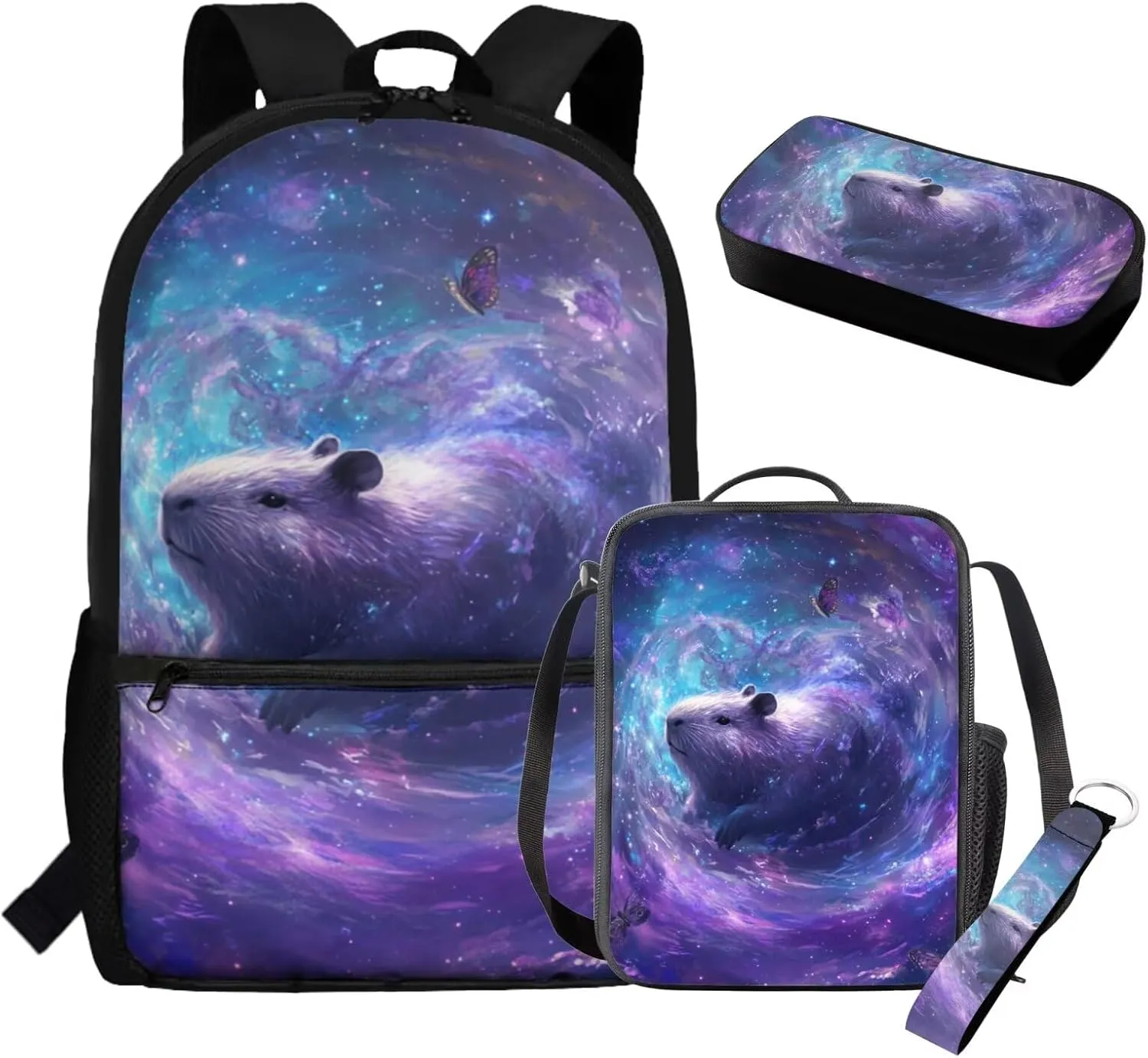 HUGS IDEA Galaxy Capybara Backpack for Children 4-in-1 School Bag Set with Lunch Box & Keychain Large Capacity Bookbag for Elementary Middle School 17 Inch Children Backpacks for Girls