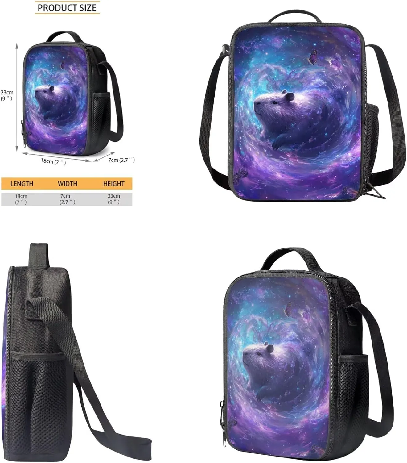 HUGS IDEA Galaxy Capybara Backpack for Children 4-in-1 School Bag Set with Lunch Box & Keychain Large Capacity Bookbag for Elementary Middle School 17 Inch Children Backpacks for Girls