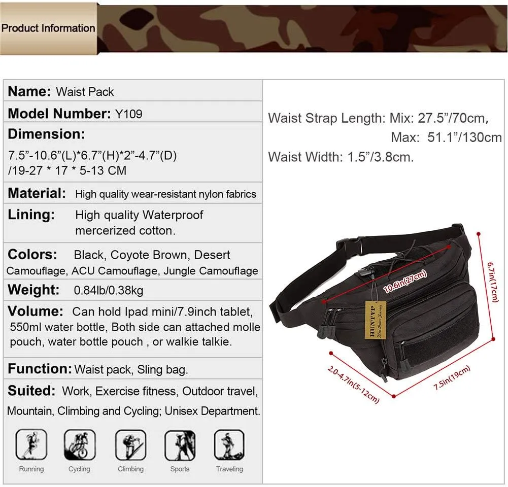 Huntvp Military Fanny Pack Tactical Waist Bag Pack Water-resistant Hip Belt Bag Pouch for Hiking Climbing Bumbag