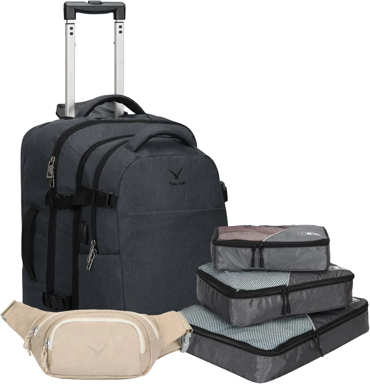 Hynes Eagle 2 in 1 Travel Backpack 22 inches Carry on Luggage 63L Rolling Backpack for Men Women with Packing Cubes 3PCS Set Grey Waist Pack Beige