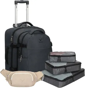 Hynes Eagle 2 in 1 Travel Backpack 22 inches Carry on Luggage 63L Rolling Backpack for Men Women with Packing Cubes 3PCS Set Grey Waist Pack Beige