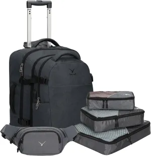 Hynes Eagle 2 in 1 Travel Backpack 22 inches Carry on Luggage 63L Rolling Backpack for Men Women with Packing Cubes 3PCS Set Grey Waist Pack Grey