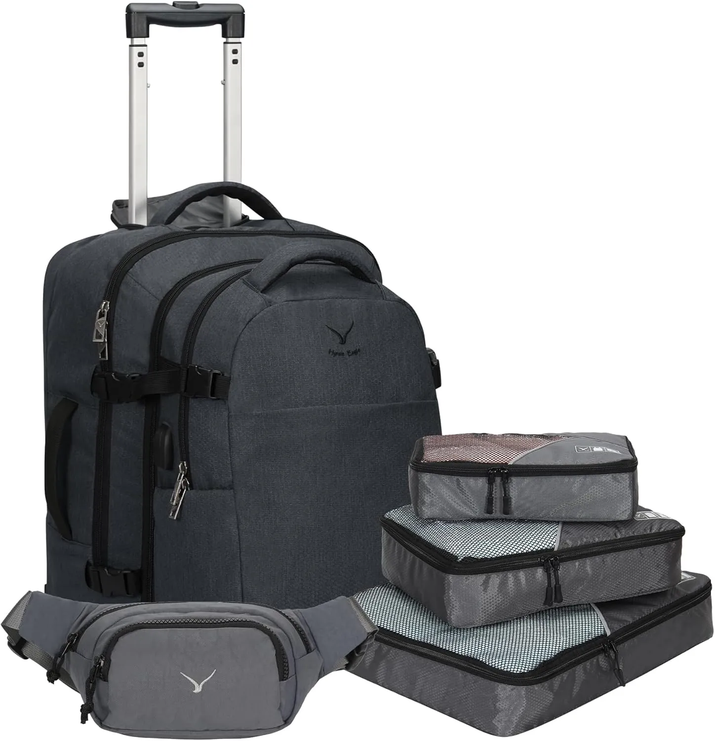 Hynes Eagle 2 in 1 Travel Backpack 22 inches Carry on Luggage 63L Rolling Backpack for Men Women with Packing Cubes 3PCS Set Grey Waist Pack Grey