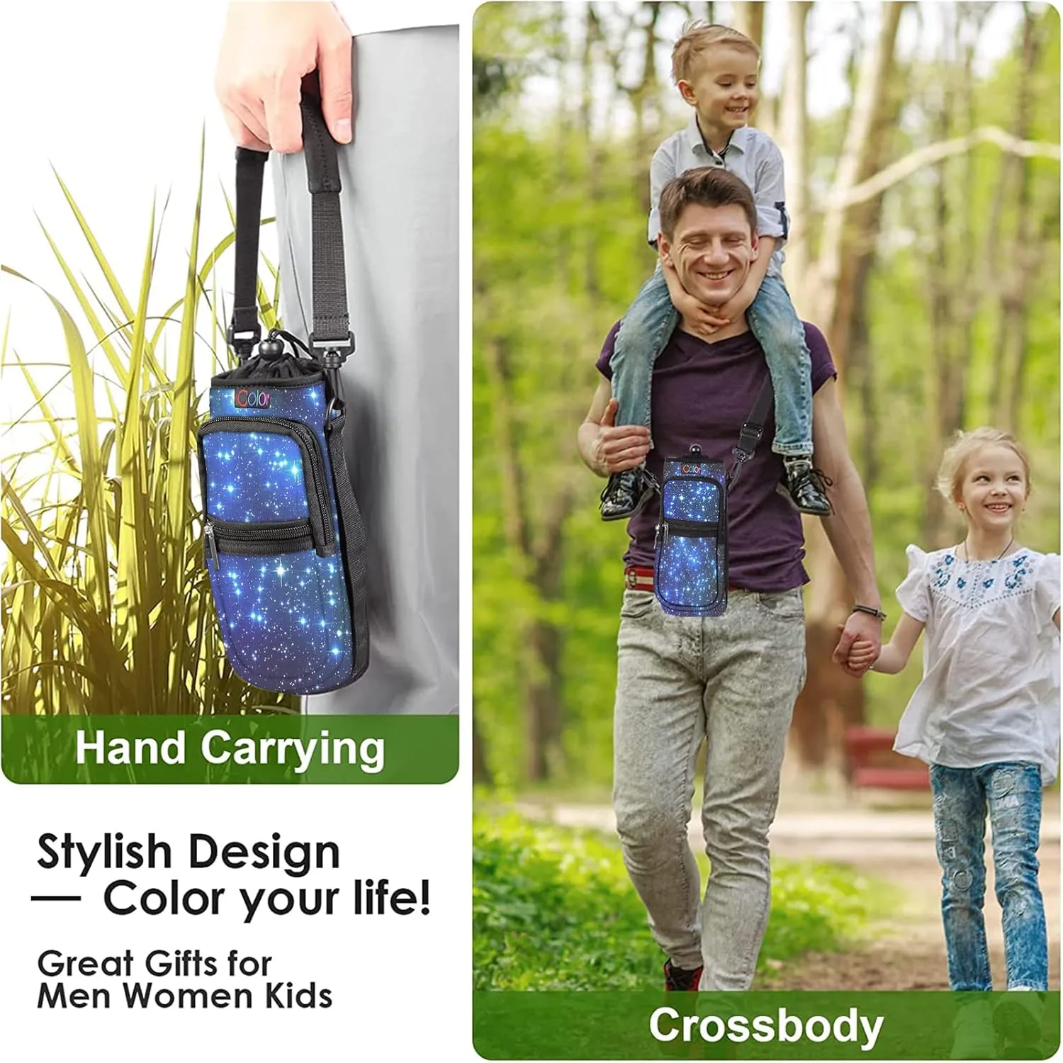 icolor Water Bottle Carrier Bag with Strap 25/32/40/64oz Crossbody Water Bottle Holder with Phone Pocket Sling Sleeve Insulated Neoprene Water Bottle Pouch for Walking Hiking Travelling