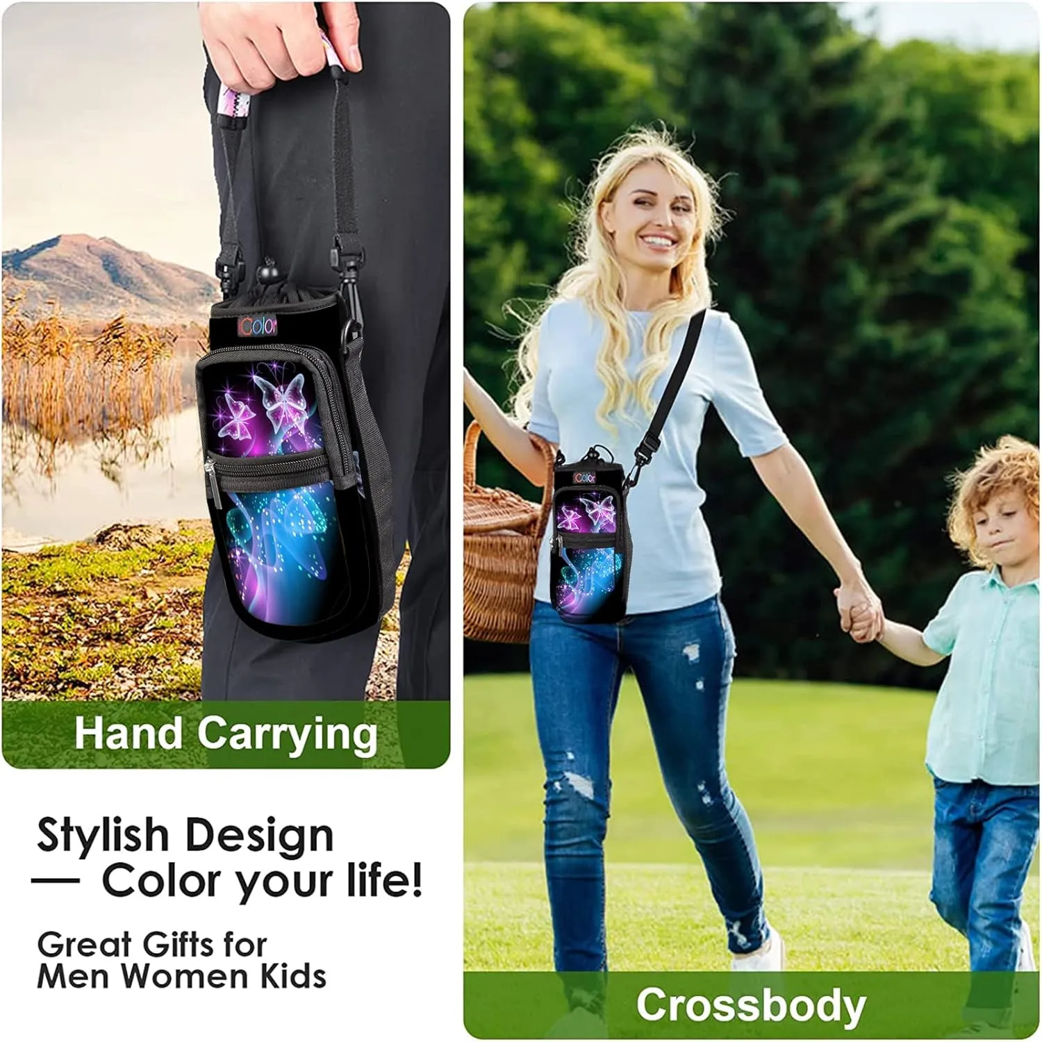 icolor Water Bottle Carrier Bag with Strap 25/32/40/64oz Crossbody Water Bottle Holder with Phone Pocket Sling Sleeve Insulated Neoprene Water Bottle Pouch for Walking Hiking Travelling