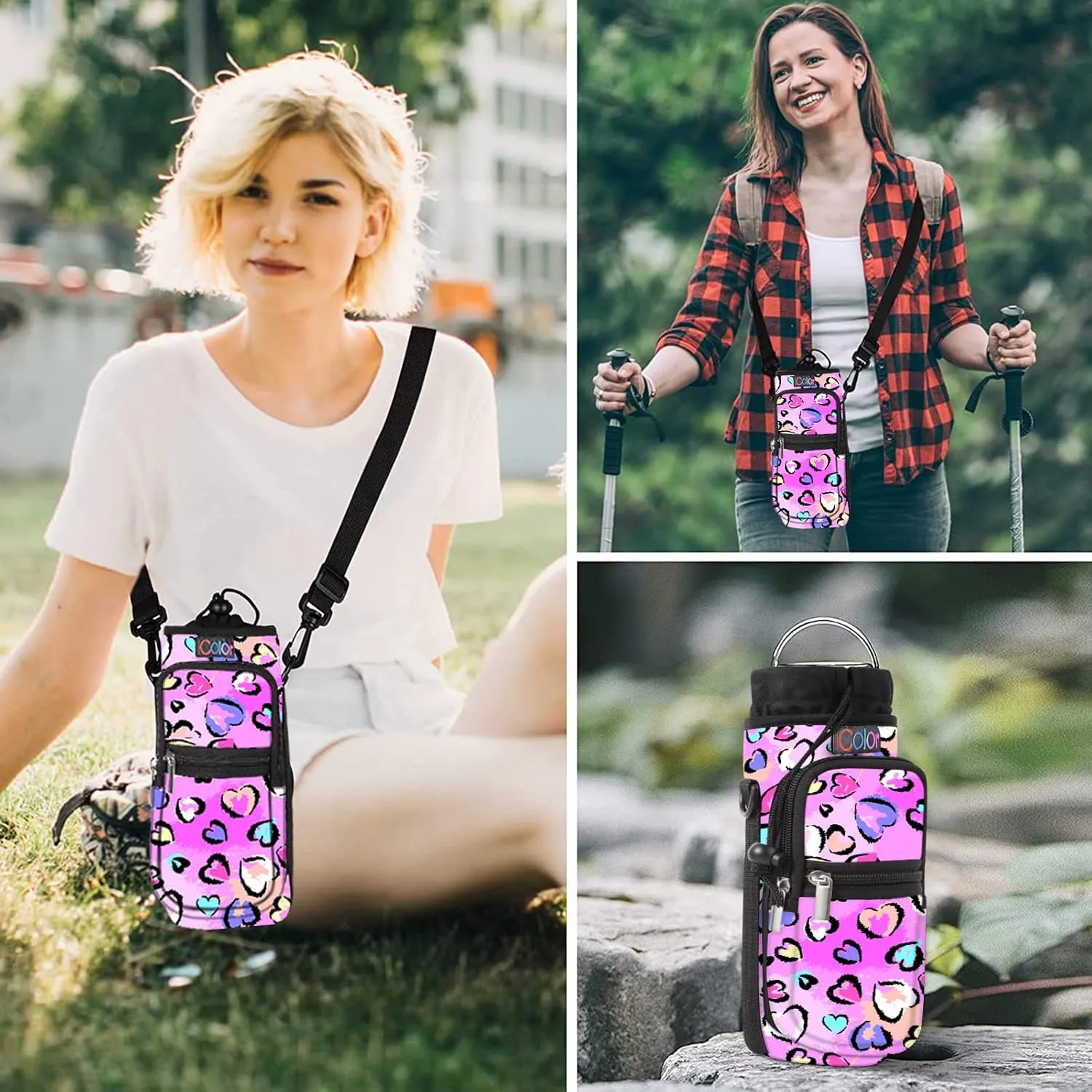 icolor Water Bottle Carrier Bag with Strap 25/32/40/64oz Crossbody Water Bottle Holder with Phone Pocket Sling Sleeve Insulated Neoprene Water Bottle Pouch for Walking Hiking Travelling