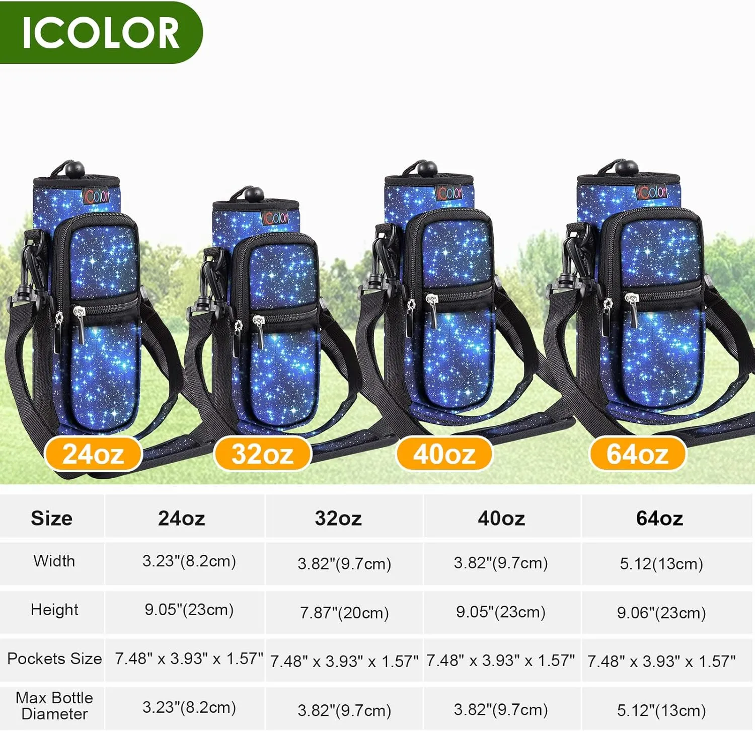icolor Water Bottle Carrier Bag with Strap 25/32/40/64oz Crossbody Water Bottle Holder with Phone Pocket Sling Sleeve Insulated Neoprene Water Bottle Pouch for Walking Hiking Travelling