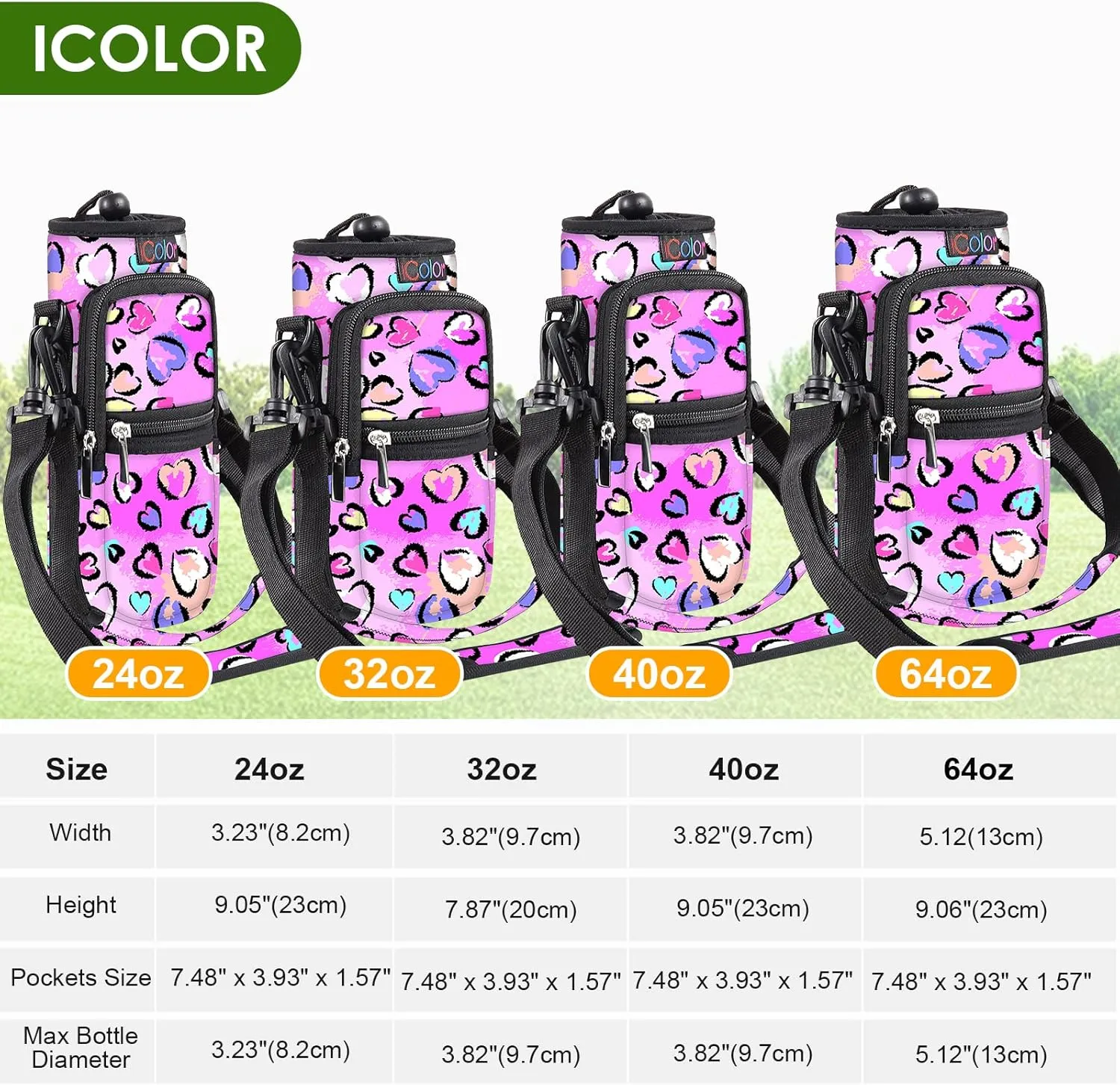 icolor Water Bottle Carrier Bag with Strap 25/32/40/64oz Crossbody Water Bottle Holder with Phone Pocket Sling Sleeve Insulated Neoprene Water Bottle Pouch for Walking Hiking Travelling