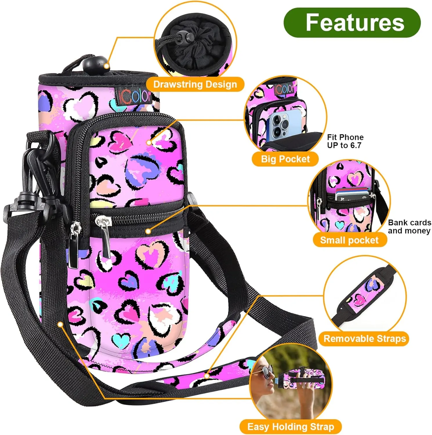icolor Water Bottle Carrier Bag with Strap 25/32/40/64oz Crossbody Water Bottle Holder with Phone Pocket Sling Sleeve Insulated Neoprene Water Bottle Pouch for Walking Hiking Travelling
