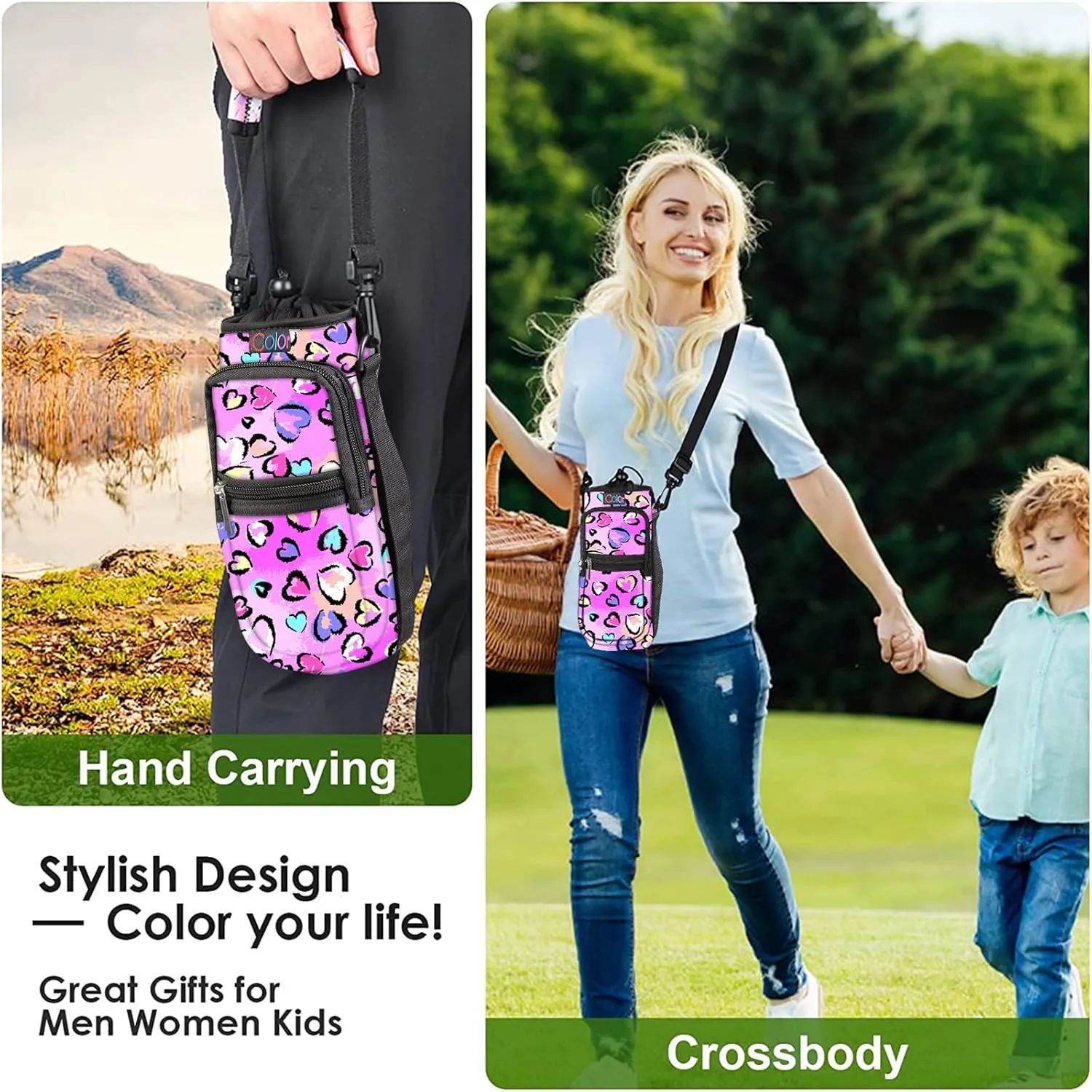 icolor Water Bottle Carrier Bag with Strap 25/32/40/64oz Crossbody Water Bottle Holder with Phone Pocket Sling Sleeve Insulated Neoprene Water Bottle Pouch for Walking Hiking Travelling