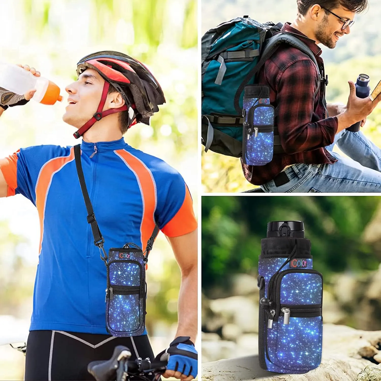 icolor Water Bottle Carrier Bag with Strap 25/32/40/64oz Crossbody Water Bottle Holder with Phone Pocket Sling Sleeve Insulated Neoprene Water Bottle Pouch for Walking Hiking Travelling