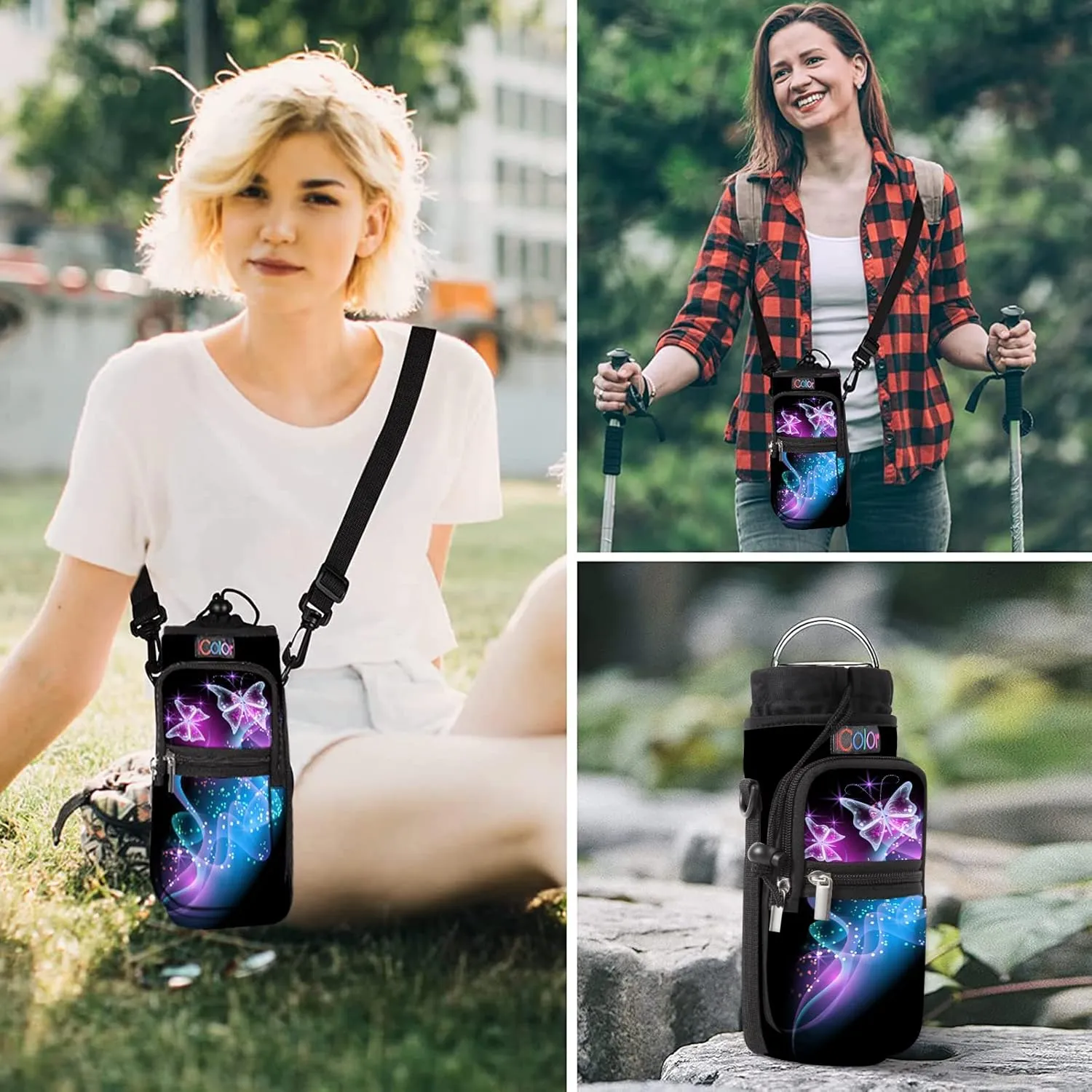 icolor Water Bottle Carrier Bag with Strap 25/32/40/64oz Crossbody Water Bottle Holder with Phone Pocket Sling Sleeve Insulated Neoprene Water Bottle Pouch for Walking Hiking Travelling
