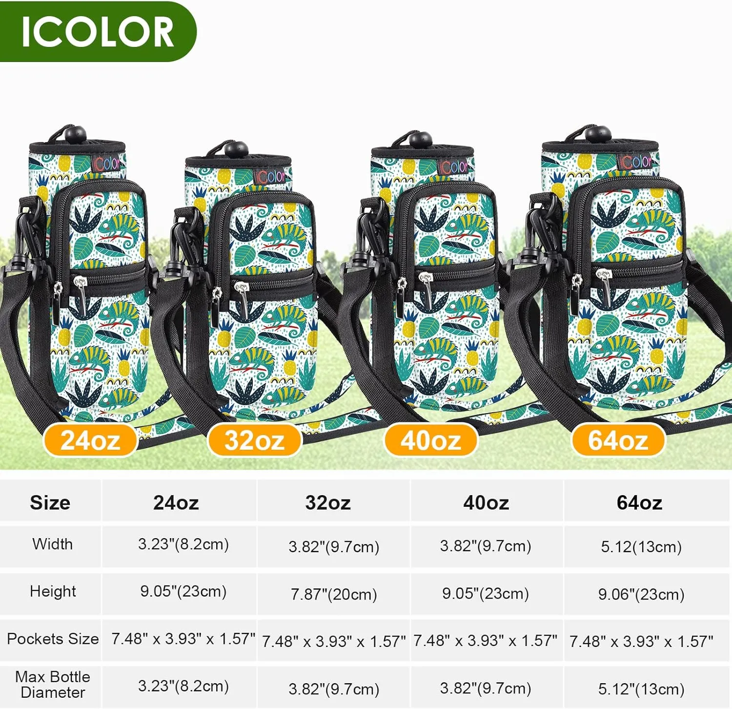 icolor Water Bottle Carrier Bag with Strap 25/32/40/64oz Crossbody Water Bottle Holder with Phone Pocket Sling Sleeve Insulated Neoprene Water Bottle Pouch for Walking Hiking Travelling